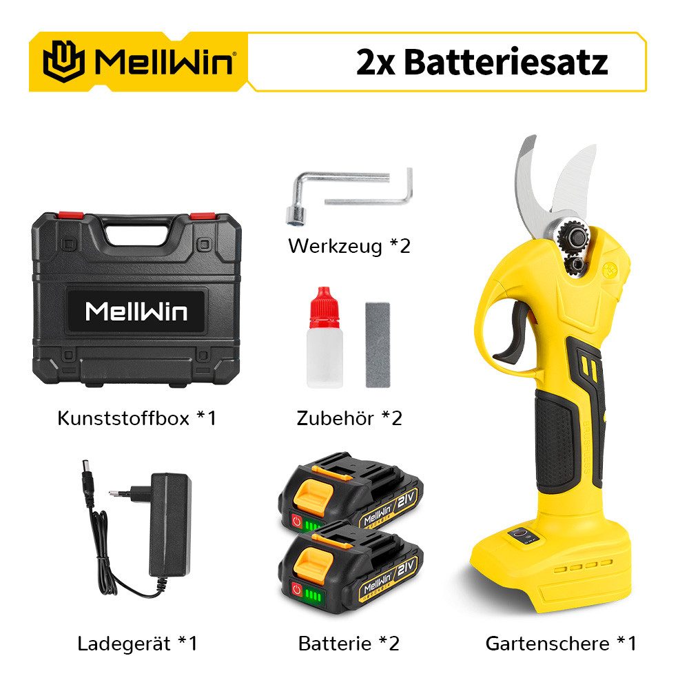 MELLWIN Akku-Astschere mit bürstenlosem Motor, 30 mm maximaler Schnittdurchmesser, SK5-Klinge & 2x 2,0 Ah Akkus für Obstbäume und Garten