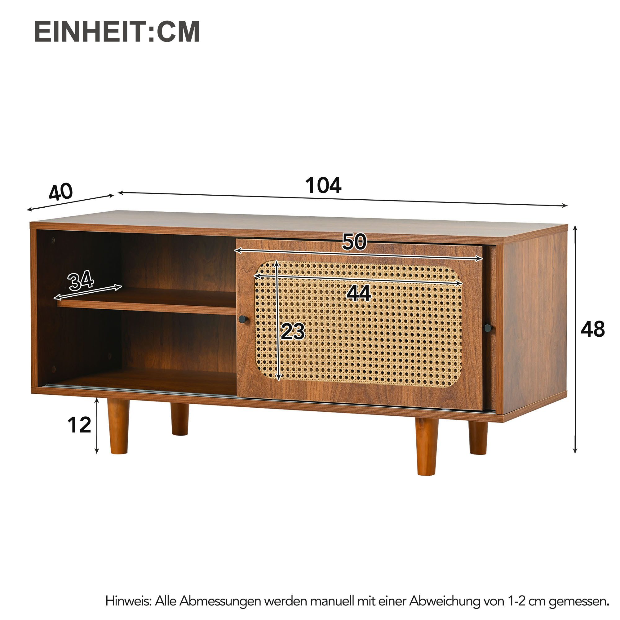 BBWL Schuhschrank Rattan-Schuhschrank, 104x40x48 cm (mit 2 Türen & verstellbaren Ablagen, atmungsaktiv & pflegeleicht, elegantes Sideboard für Flur, Wohnzimmer & Schlafzimmer)