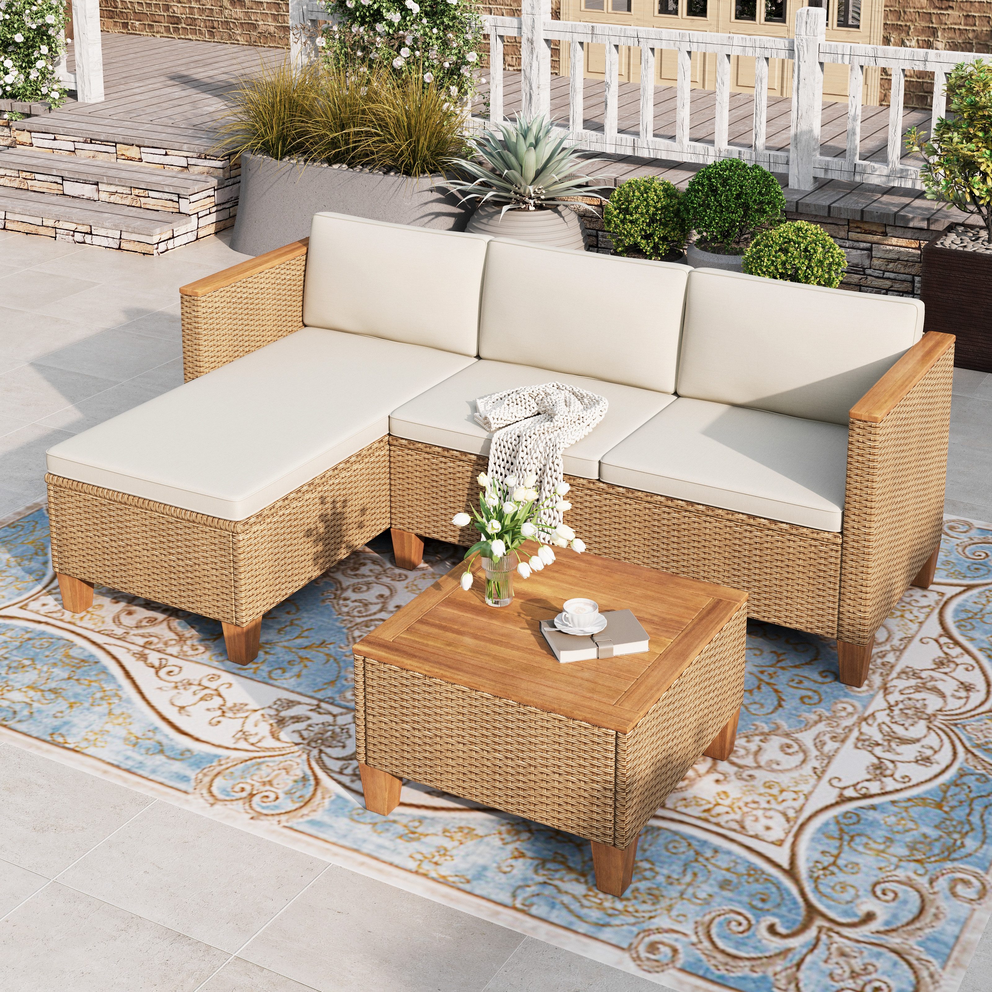 PHI VILLA Gartenlounge-Set, (3 Teilig Gartenmöbel Set Balkonmöbel Rattan Lounge, 1 Chaiselongue, 1 Zweisitzer-Sofa und 1 Kleiner Couchtisch), 4 Personen Terassenmöbel Außen Gartensofa