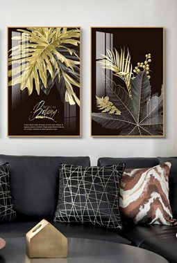 TPFLiving Kunstdruck (OHNE RAHMEN) Poster - Leinwand - Wandbild, Nordic Art - Goldene Blätter und Federn auf schwarzem Hintergrund - (6 Motive in 7 verschiedenen Größen zur Auswahl), Farben: Gold, Schwarz - Größe: 21x30cm