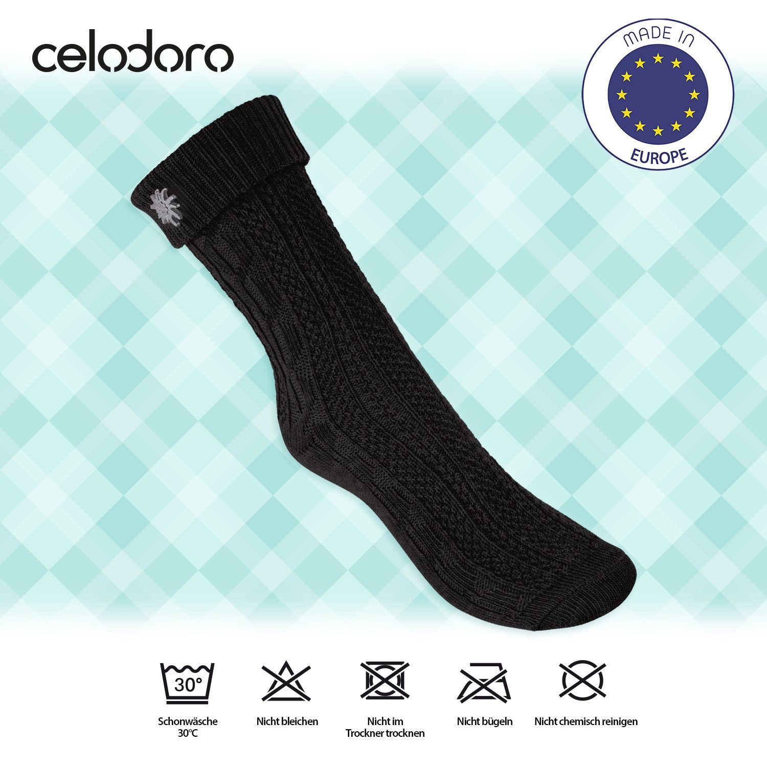 celodoro Trachtensocken Trachten Socken (2 Paar) mit Edelweiß-Pin für Damen & Herren