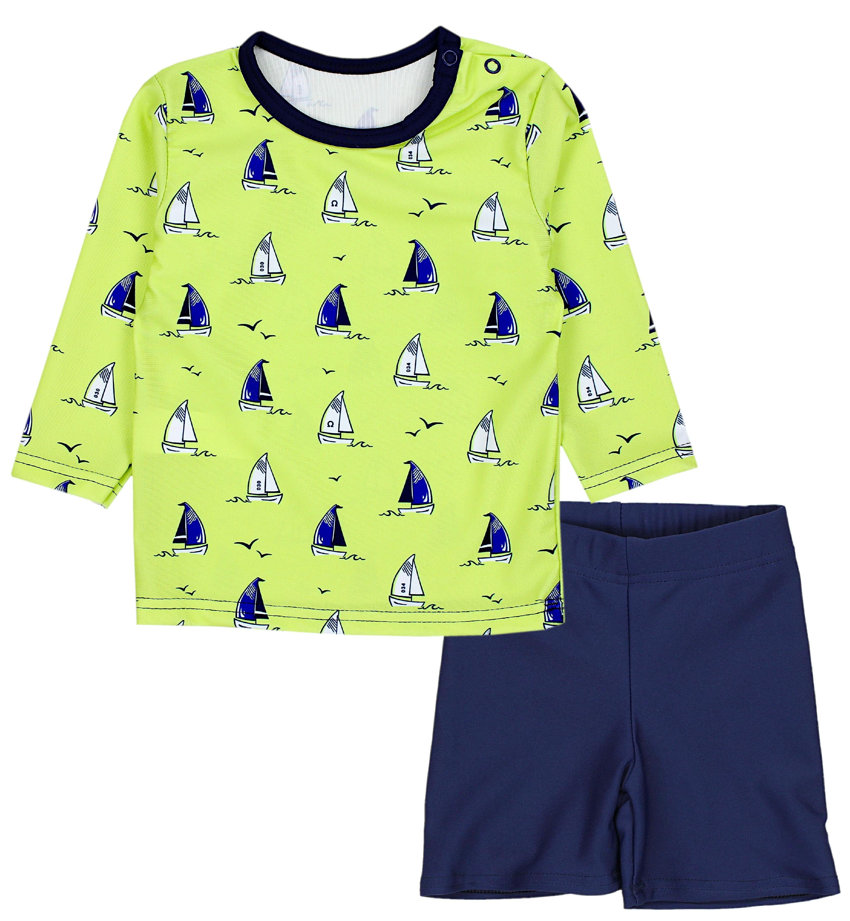 Aquarti Badeanzug Baby Jungen Zweiteiliger Kinder Badeanzug T-Shirt Badehose UV-Schutz Langarm / Segelboot Hellgrün / Dunkelblau