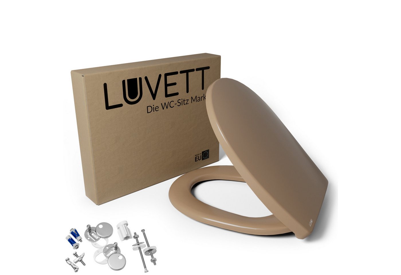 LUVETT WC-Sitz C100 mit Absenkautomatik, Duroplast sanitär, Universelle O-Form (Komplett-Set, Inklusive 3 Befestigungsarten), mit Original SoftClose® Absenkautomatik, Duroplast