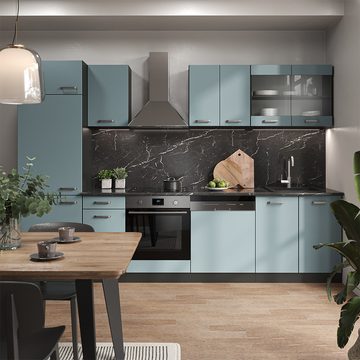 Livinity® Küchenzeile R-Line, Blau-Grau/Anthrazit, 300 cm, AP Eiche