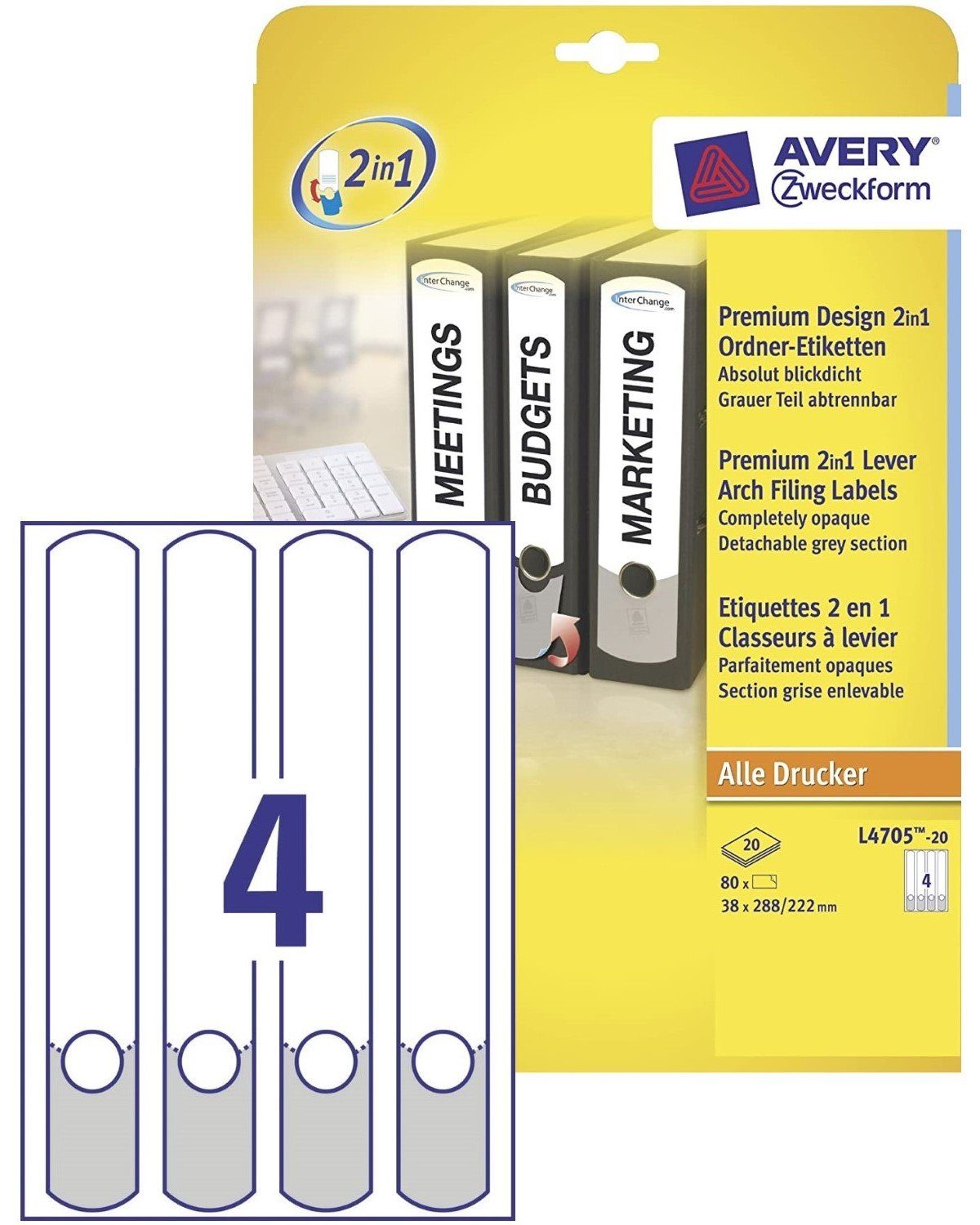 Avery Zweckform Etiketten 80x Ordner-Etiketten Schmal Lang Weiß/Grau, A4 Ordnerrücken Rückenschilder Ordner-Aufkleber