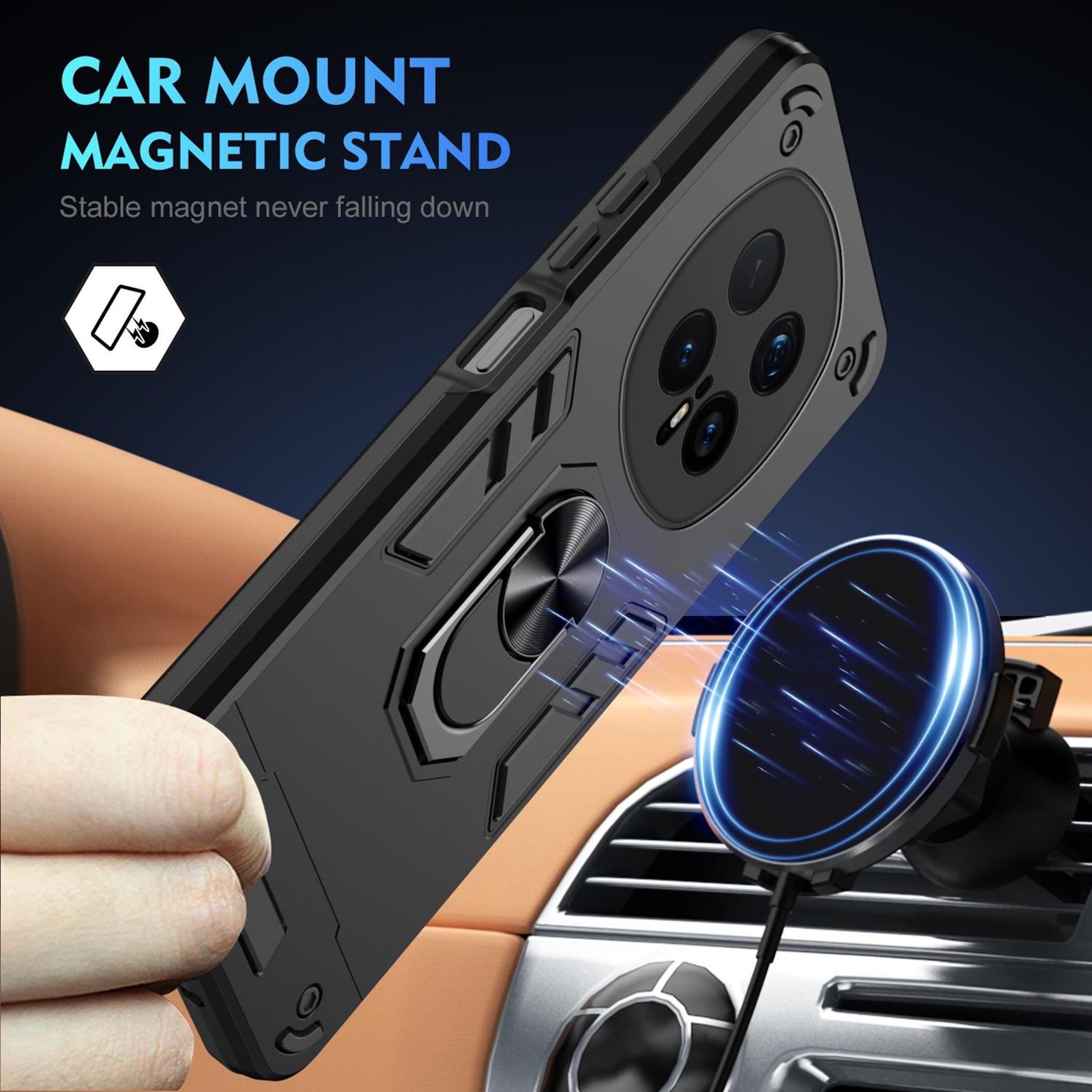 Wigento Handyhülle Für Honor Magic 8 Pro Armor Magnet Ring Schutz Handy Hülle Schwarz, Stoßfeste Hülle mit 360-Grad-Ringhalter