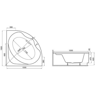 KOLMAN Badewanne Eckbadewanne Standard 150x150, Acrylschürze Styroporverkleidung, Ablauf VIEGA & Füße GRATIS