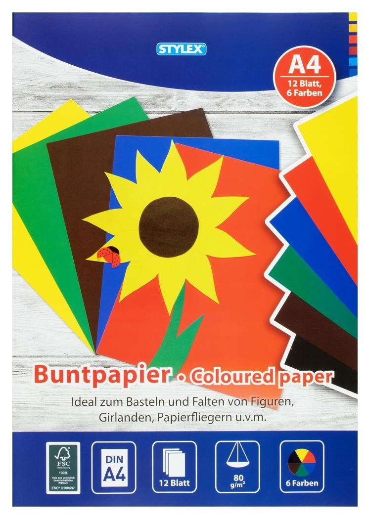 Stylex Papierkarton Stylex Buntpapier DIN A4 - 12 Blatt in 6 Farben