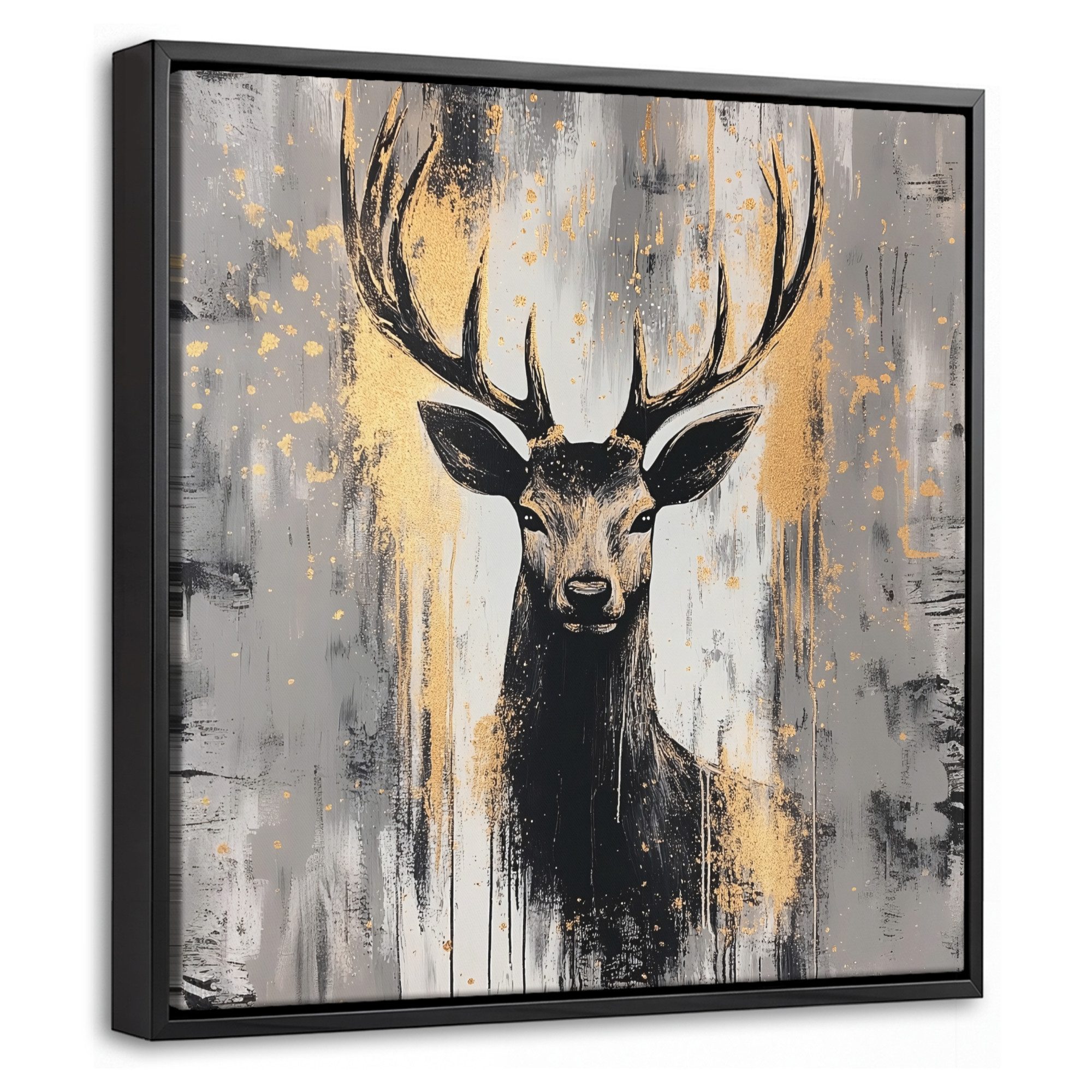 OneMillionCanvasses® Leinwandbild mit Rahmen - Abstrakt - Hirsch - Geweih - Gold, Fotodruck (1 St), Leinwand Bilder Klein, Wand Dekoration Aesthetic 20x20cm