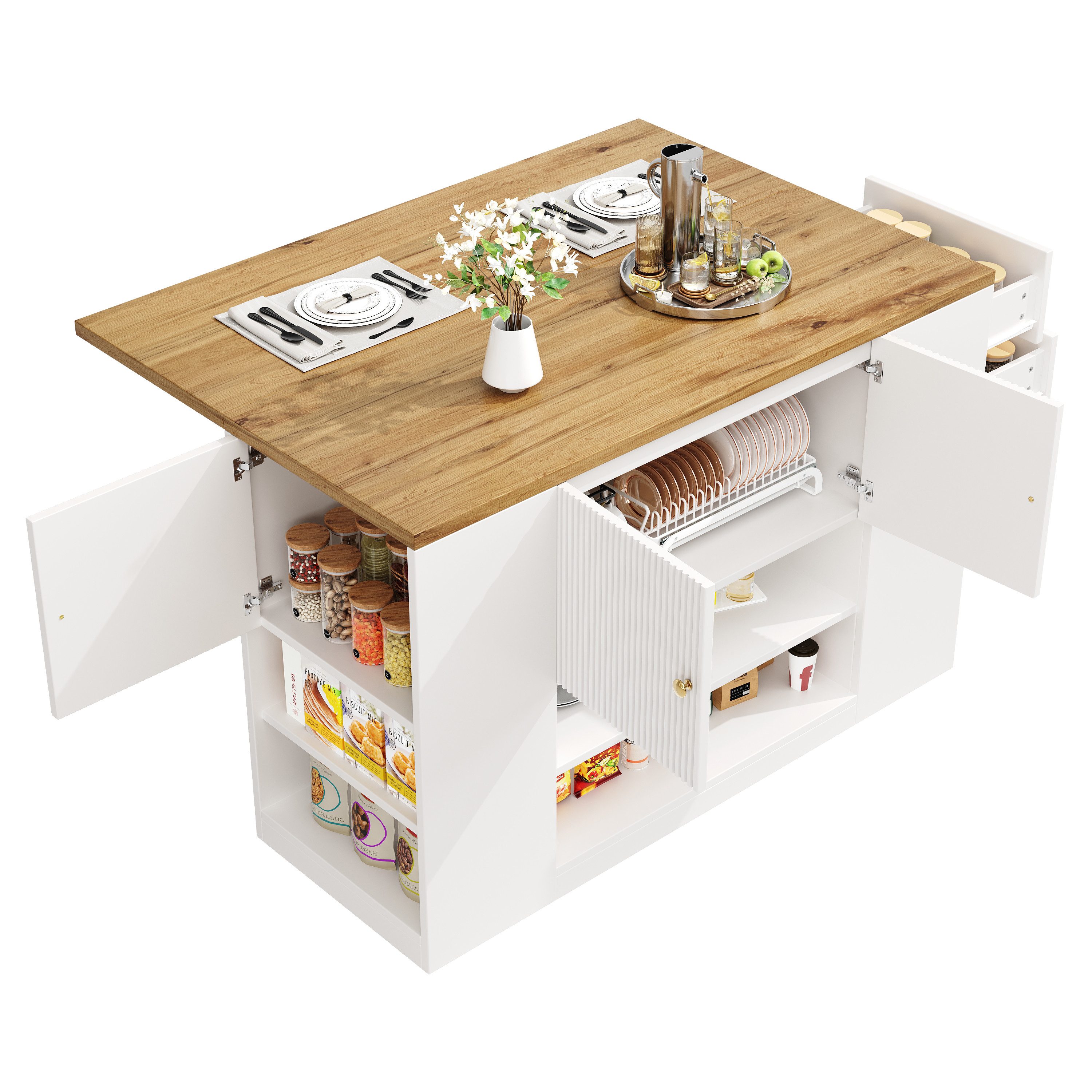 BlingBin Kücheninsel Moderne Küchenschränke, Sideboards, Küchenzeilen mit Schubladen, (Produktgröße: 140x40-70x90cm, Tragendes Gewicht: 60kg), Geschirrschränke mit Regalen für Küche und Esszimmer, Weiß