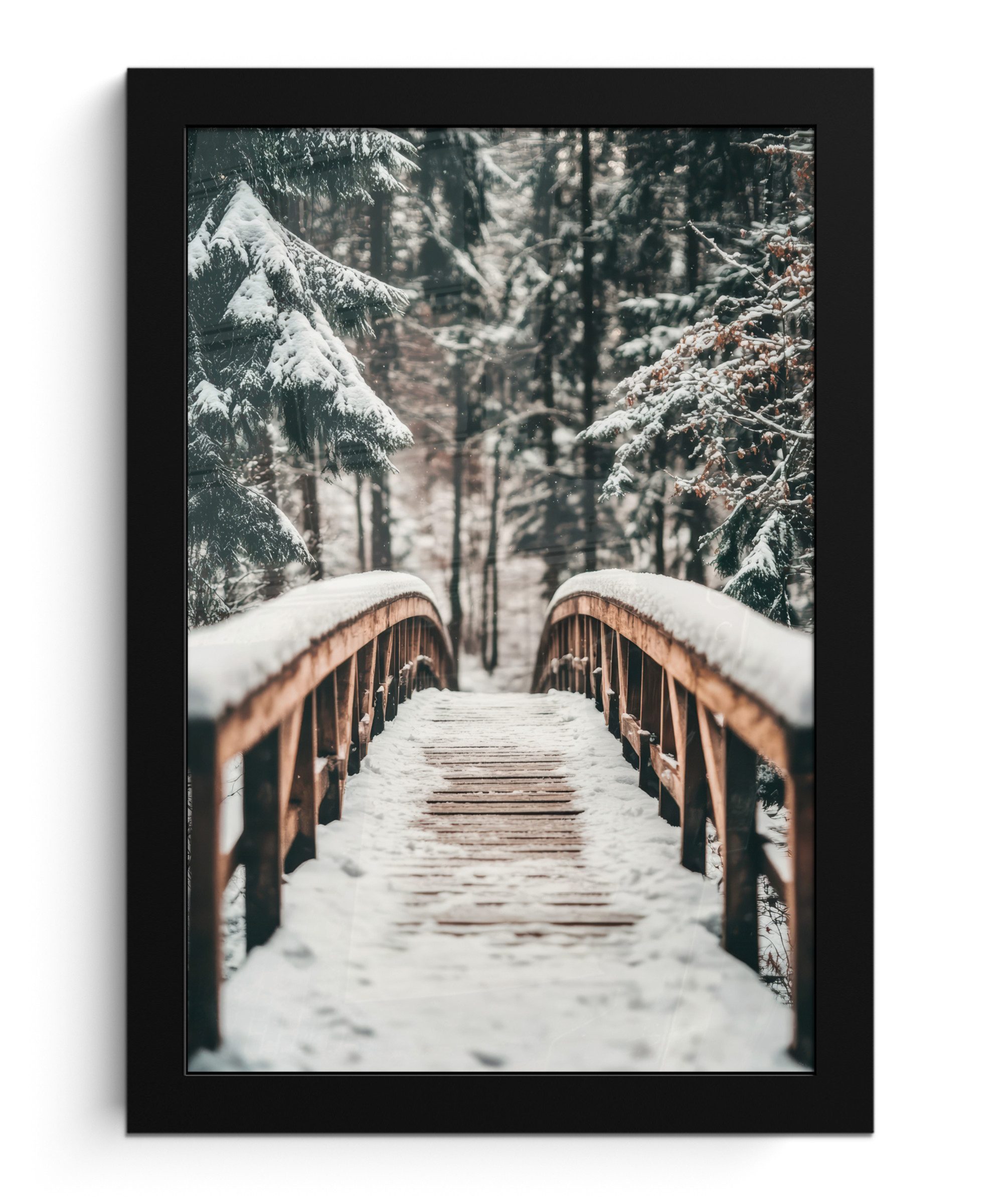 MuchoWow Poster Brücke - Winterlandschaft - Wald - Natur - Schnee, (1 St), Bilderrahmen, Zimmer Deko, Bild für Wohnzimmer, 20x30 cm