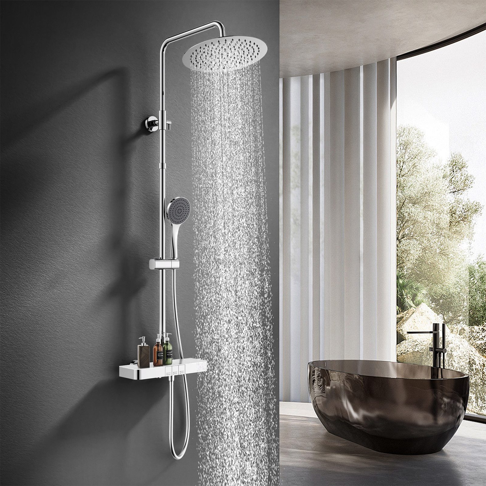 HOMELODY Duschsystem mit Thermostat, Ablage und Handbrause, 12" Regendusche, Duschsystem mit stabilem Wandhalter & höhenverstellbar, Chrom