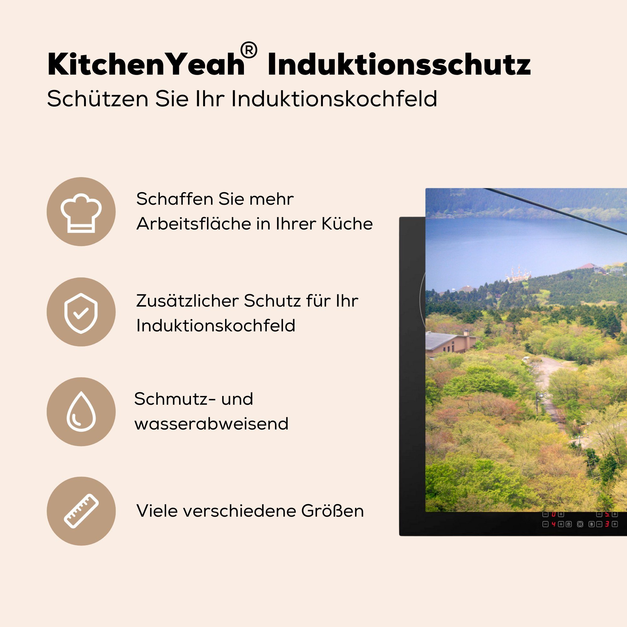 cm, küche, Herdblende-/Abdeckplatte MuchoWow Vinyl, (1 Ceranfeldabdeckung 81x52 tlg), blaue Seilbahn, die Eine Induktionskochfeld für Schutz