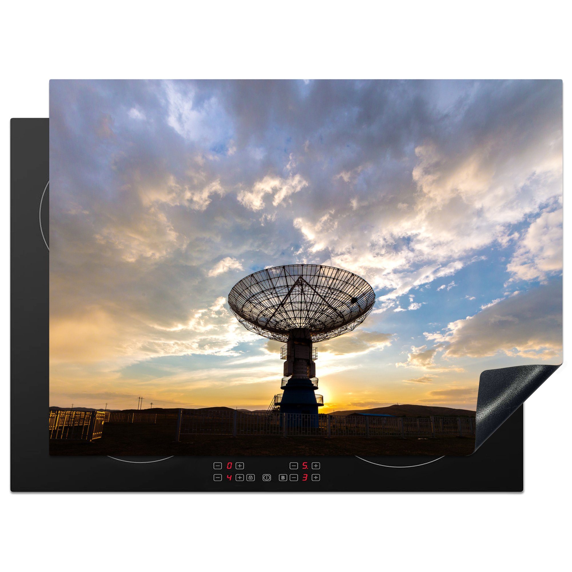 MuchoWow Herdblende-/Abdeckplatte Radioteleskop bei Sonnenuntergang, Vinyl, (1 tlg), 70x52 cm, Mobile Arbeitsfläche nutzbar, Ceranfeldabdeckung