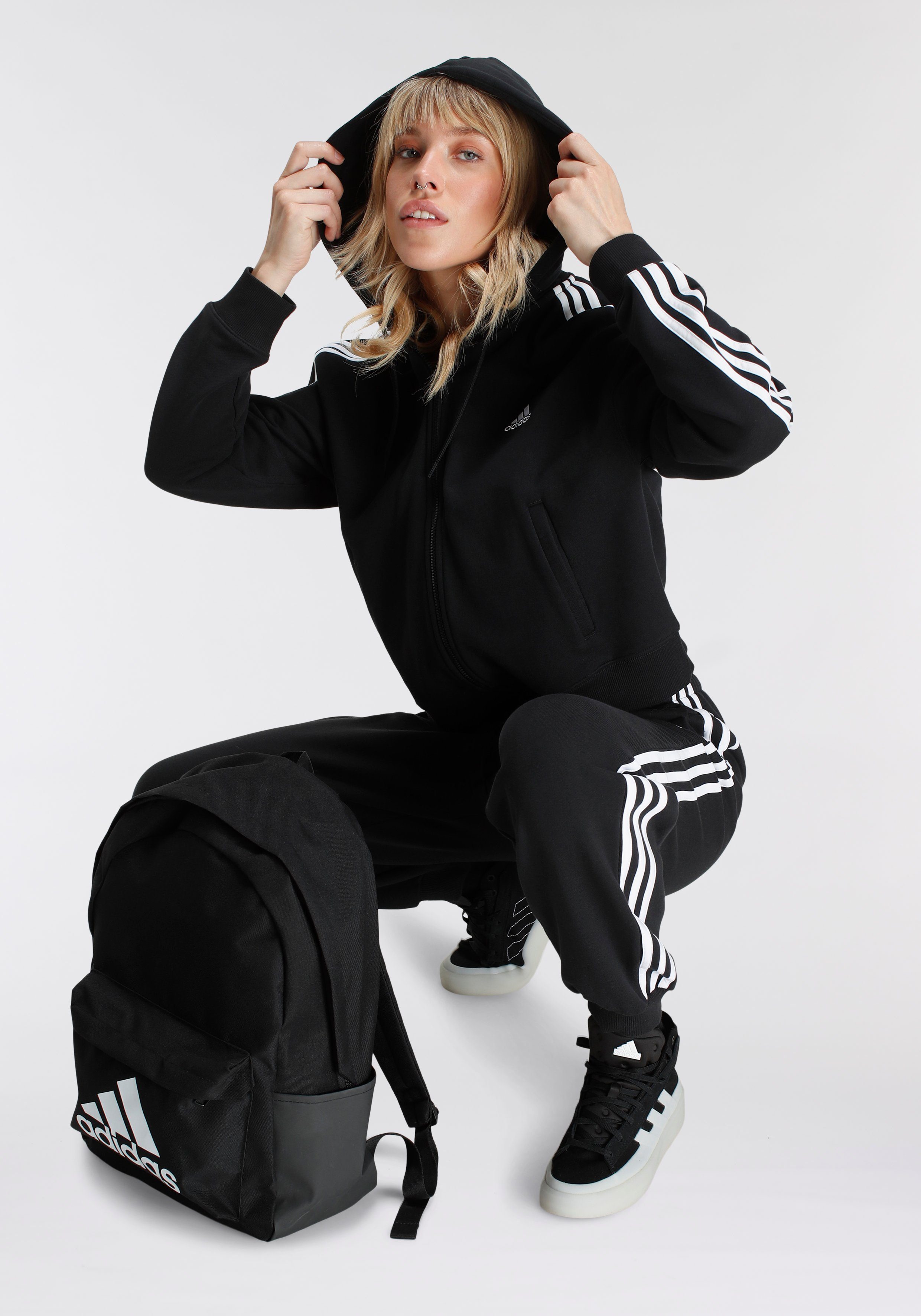 adidas Sportswear Black (1-St) KAPUZENJACKE ESSENTIALS FRENCH Kapuzenfleecejacke White BOMBER / TERRY 3STREIFEN