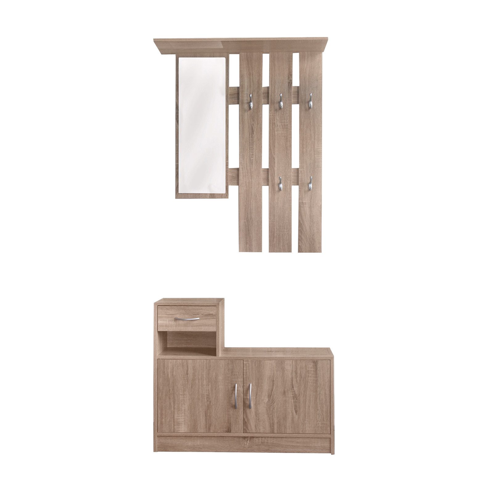 HTI-Line Garderoben-Set Garderobe Thekla, (Set, 2-St., 1x Garderobenpaneel und 1x Schuhschrank, ohne Dekoration), Garderobenpaneel mit Spiegel, Hutablage und 5 Haken