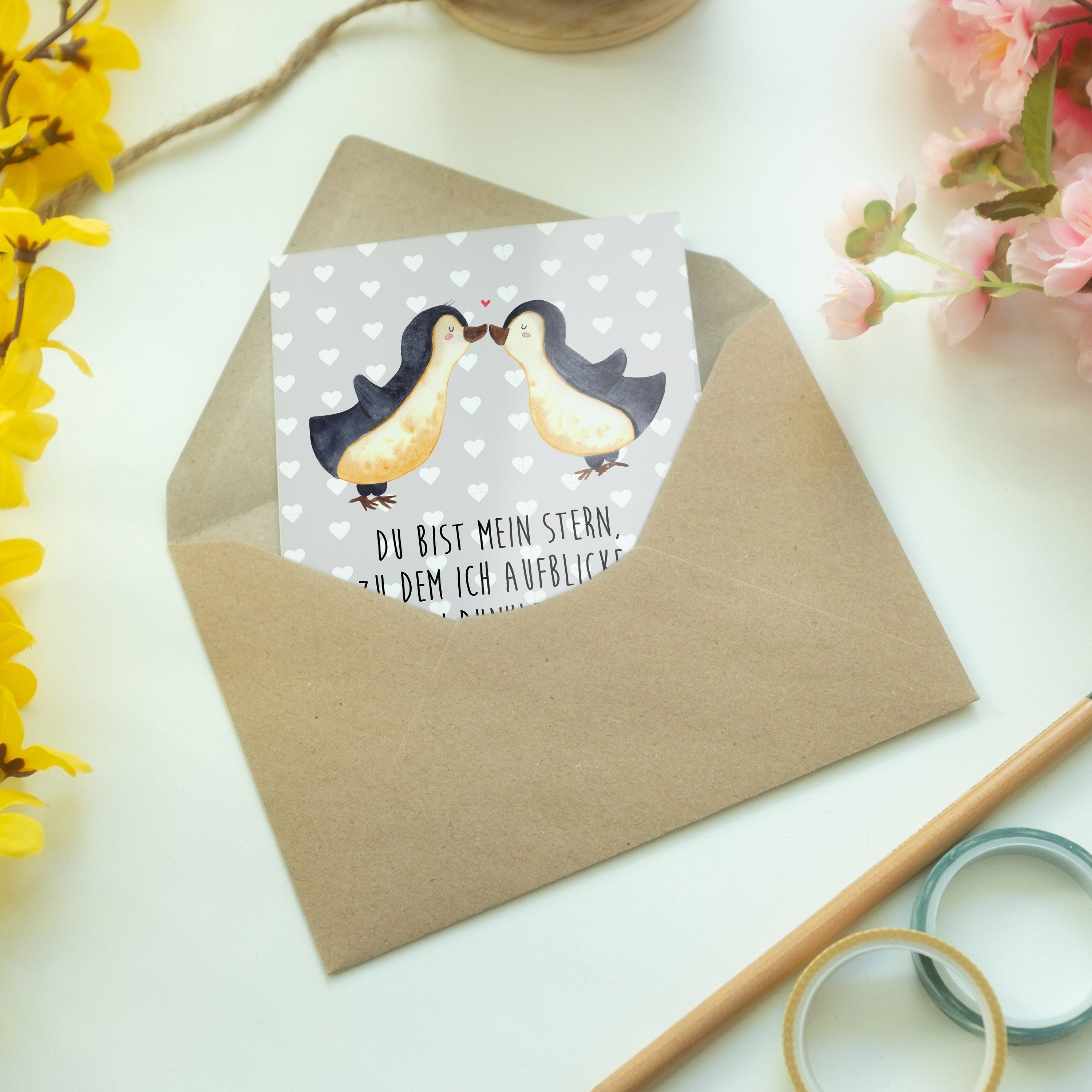 Mr. & Mrs. Panda Grußkarte - Geburtstagskarte, Liebesspru Liebe Pinguin Pastell Geschenk, - Grau