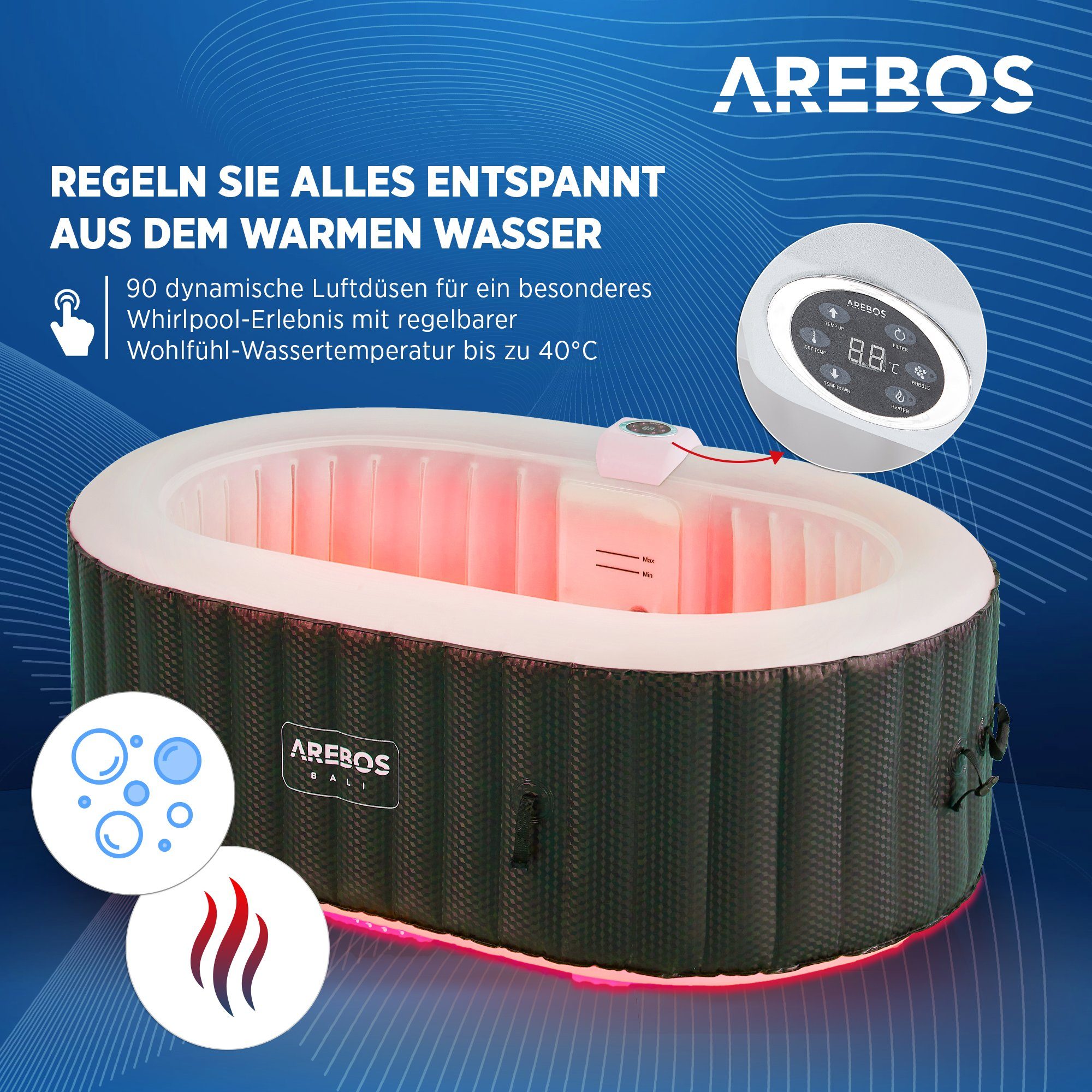 Arebos Whirlpool BALI aufblasbar für 2 Personen mit 90 Massagedüsen, (Komplett-Set, mit LED-Beleuchtung, 190 x 120 cm), für Outdoor & Indoor