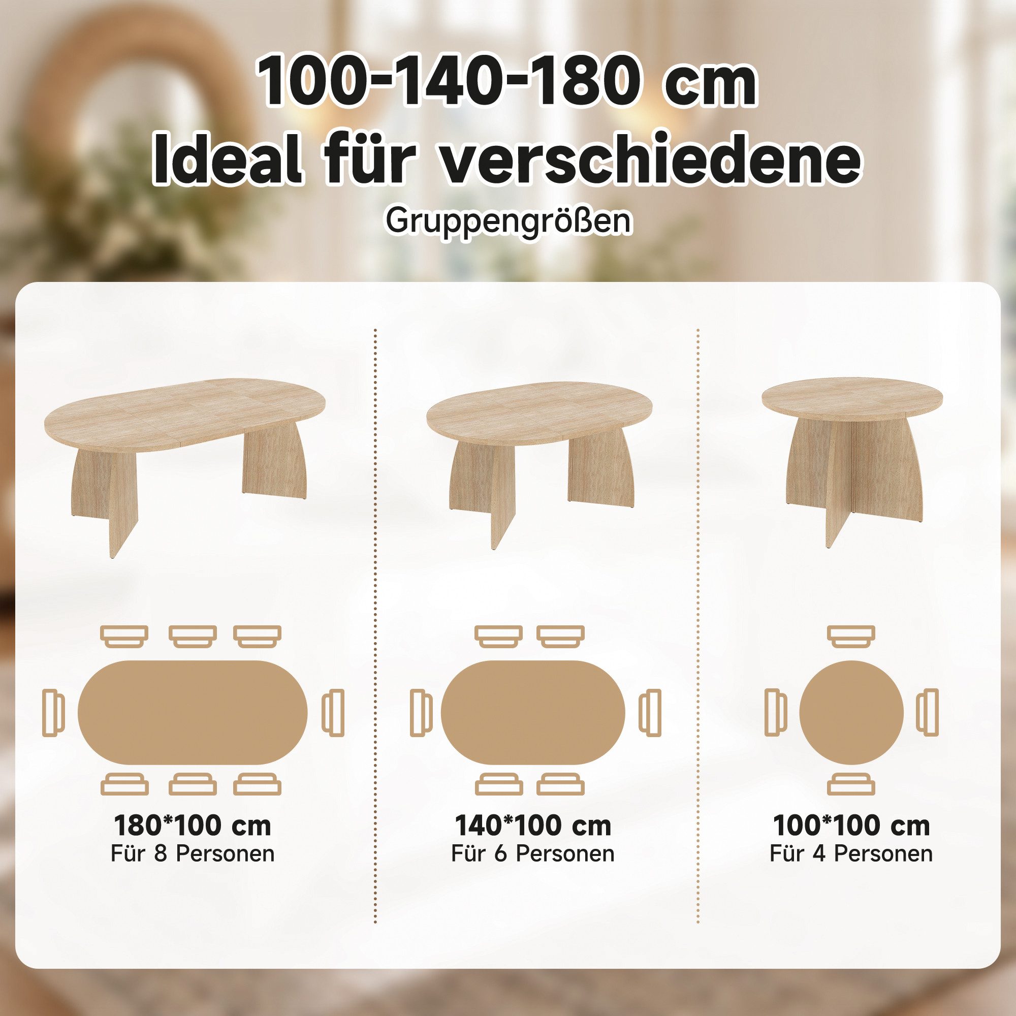 i@home Esstisch Kulissentisch ausziehbar B 100/140/180 abgerundete Kanten (mit 4-8 Personen, Teleskop-Design, 1-St), Ausziehbare ovaler Esstisch für Familie & G – Bild 3 von 5
