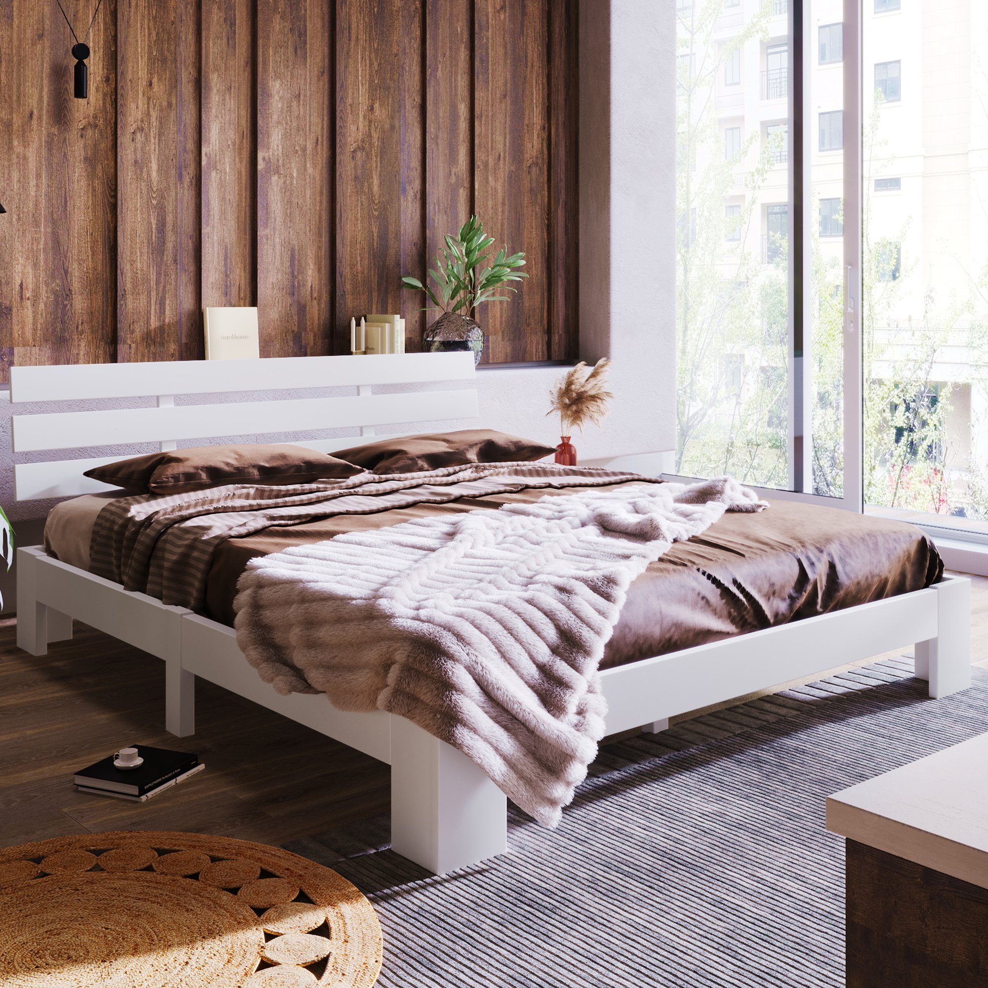 SOFTWEARY Massivholzbett (Holzbett mit Kopfteil und Lattenrost, 140x200 cm), Doppelbett aus Kieferholz weiß