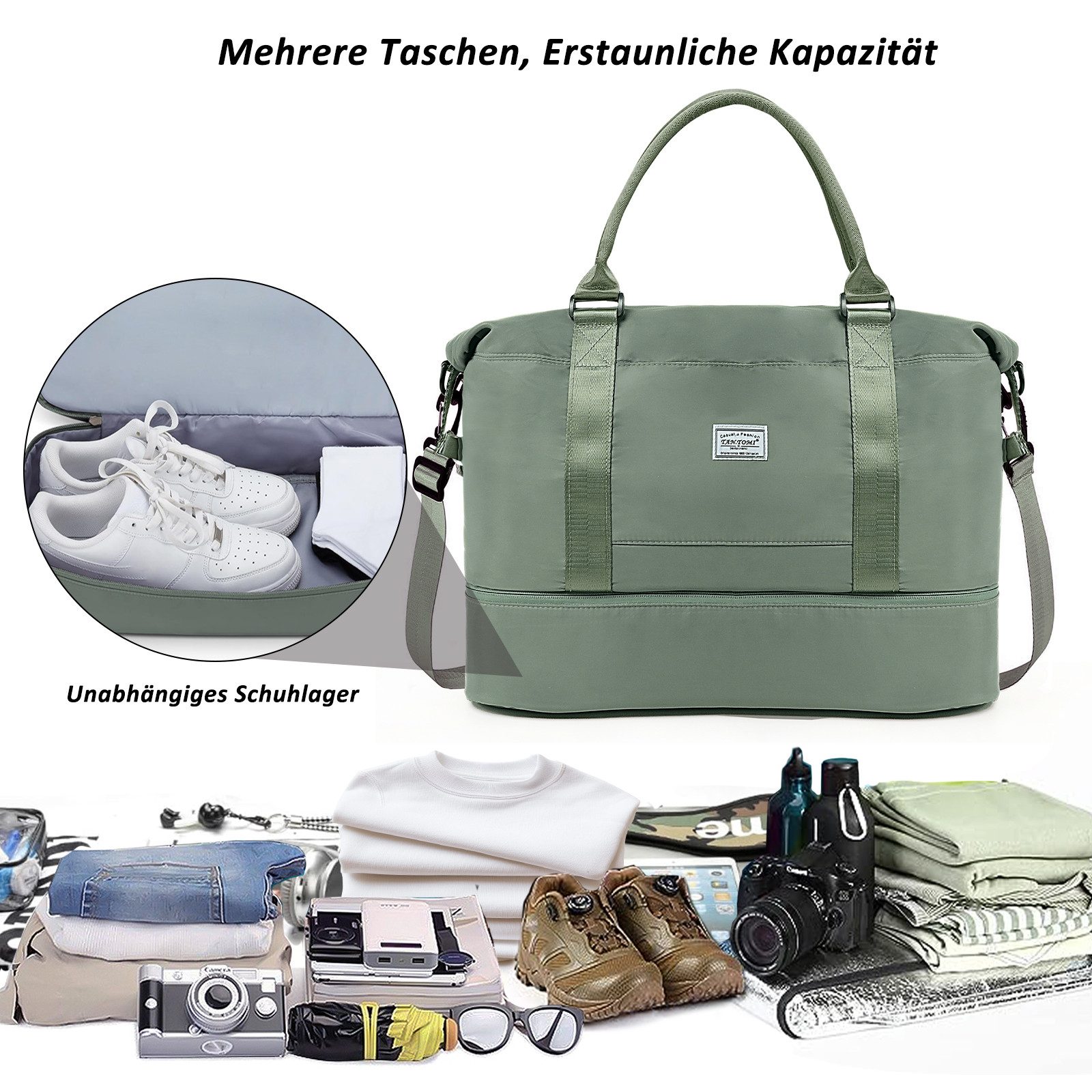 TAN.TOMI Reisetasche Wasserdichter Reise-Seesack - Tragetasche, Sporttasche, Schultertasche (Erweiterbar mit Trolley-Ärmel und Nasstasche), Wochenendtasche für Damen und Herren - Krankenhaus-Tasche