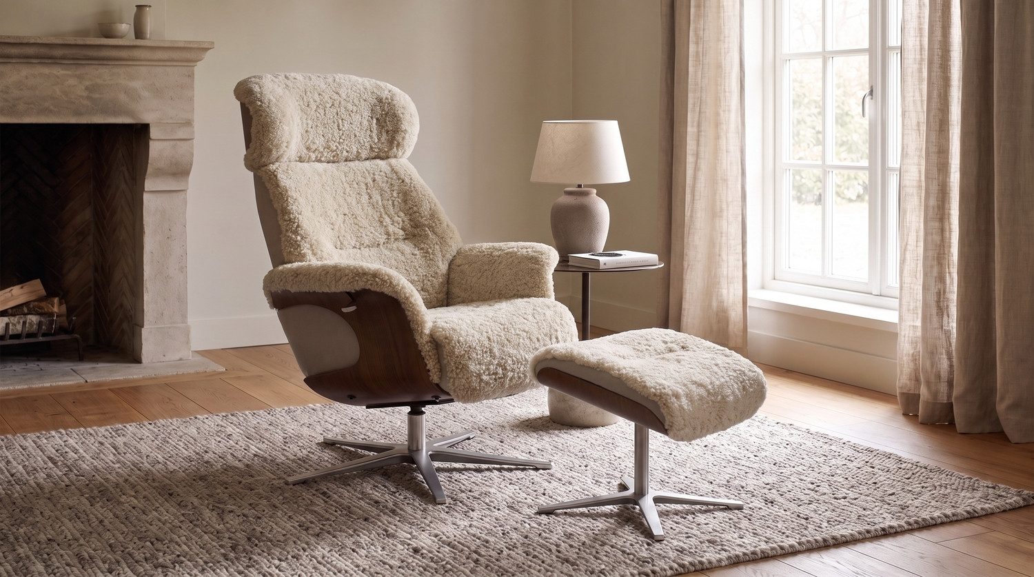 KAWOLA Relaxsessel TOSAR Schaffell beige - Drehbare Entspannung - Komfort, Sessel mit Hocker & verstellbarer Kopfstütze für pure Entspannung!