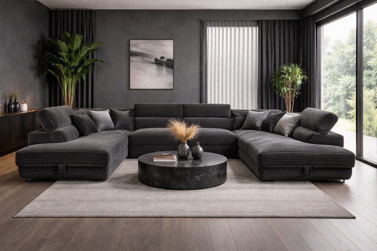 Labett Wohnlandschaft mit Schlaffunktion & Bettkasten GUSTAVO U-Form Sofa aus Cord, Sofa U-form