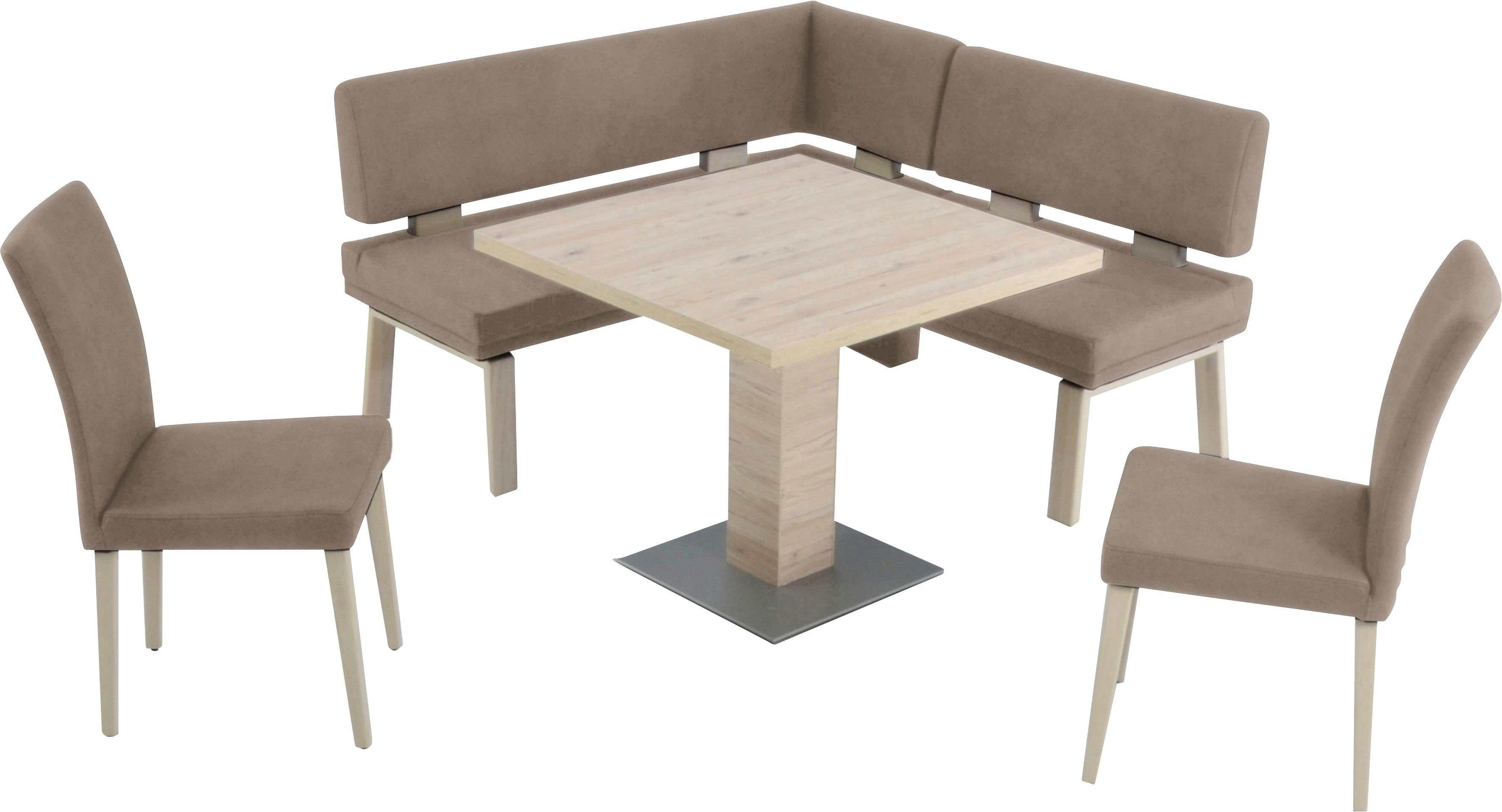 K+W Komfort & Wohnen Eckbankgruppe Santos I, gleichschenklig 157cm, zwei 4-Fußholzstühle und Tisch 90x90cm, Eiche sand