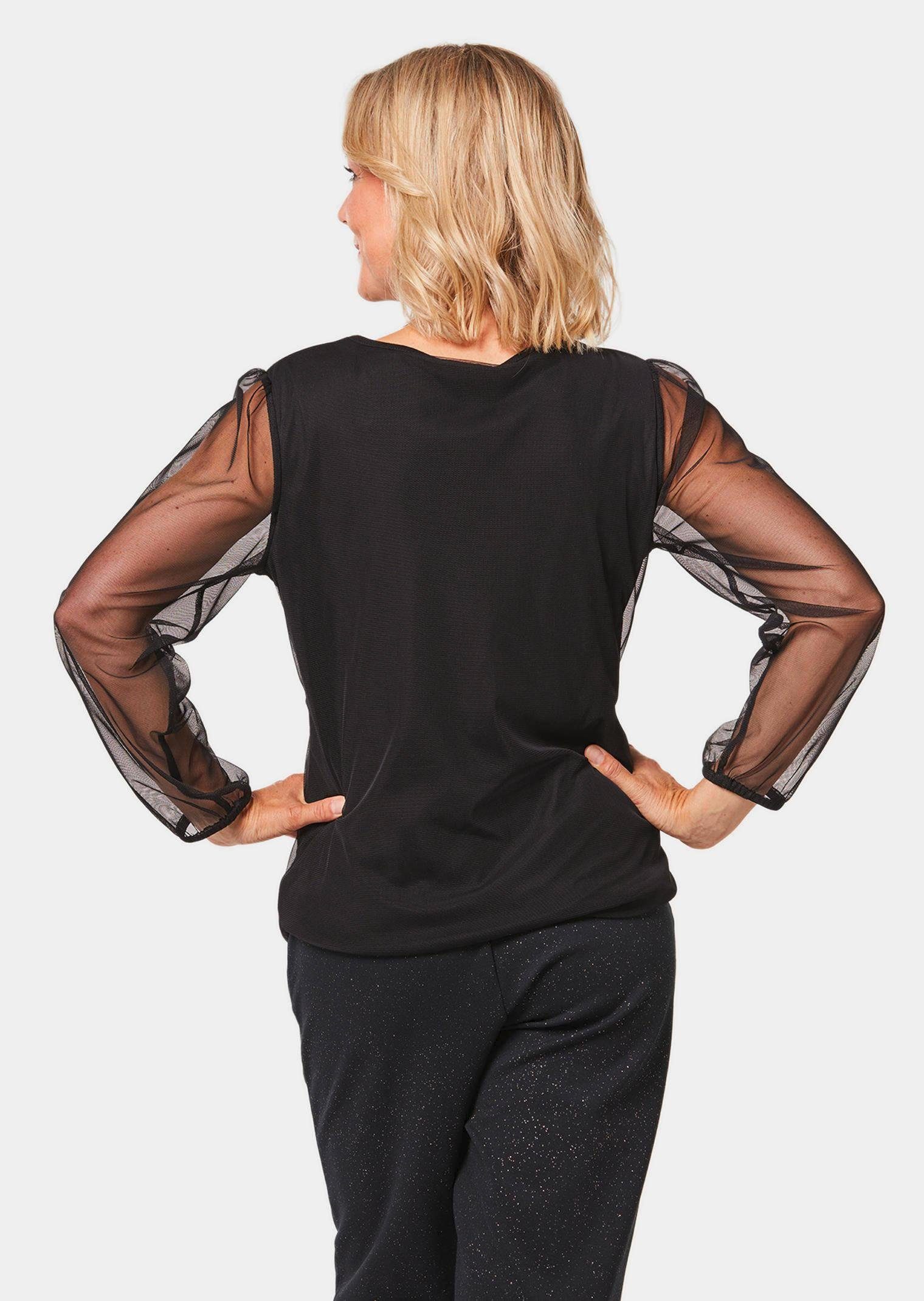 GOLDNER Langarmshirt Kurzgröße: Glanzshirt mit Paillettenstickerei Blusenshirt mit Blättermuster, Rundhals, Gummibund und 3/4-Arm