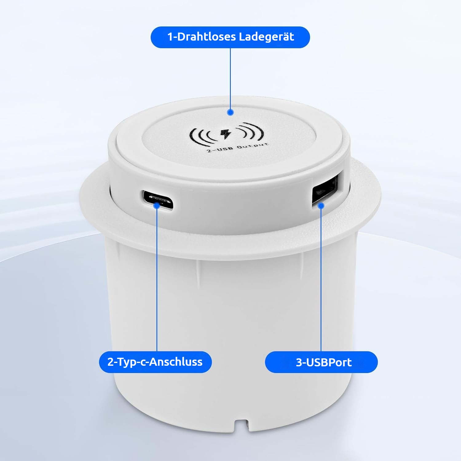 PRIISF Versenkbare Einbausteckdose Mehrfachsteckdose 3in1 Kabellose Ladegerät Einbau-Tischsteckdose 2-fach (USB-Anschluss, USB-Anschlüsse, Überspannung, Überhitzung, Überstrom, Kurzschluss, Kabellänge 1,4 m), USB Büro Unterbau Induktive Ladestation Einbau-Tischsteckdosenleiste