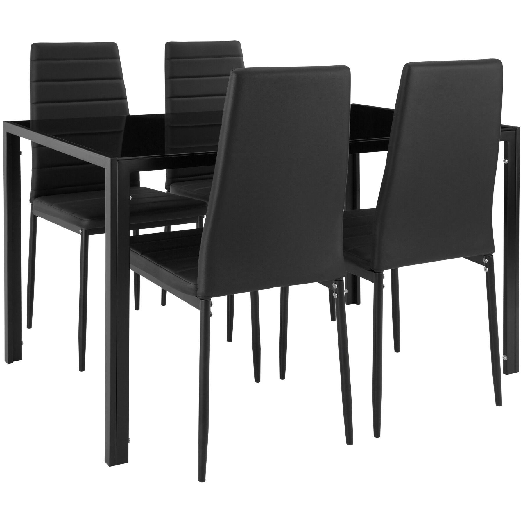 tectake Sitzgruppe Essgruppe Berlin - Kunstlederstühle mit Glastisch, (Esszimmer Möbel Berlin, 5-tlg., in schwarz), Geringes Gewicht, Tisch belastbar bis 60 kg