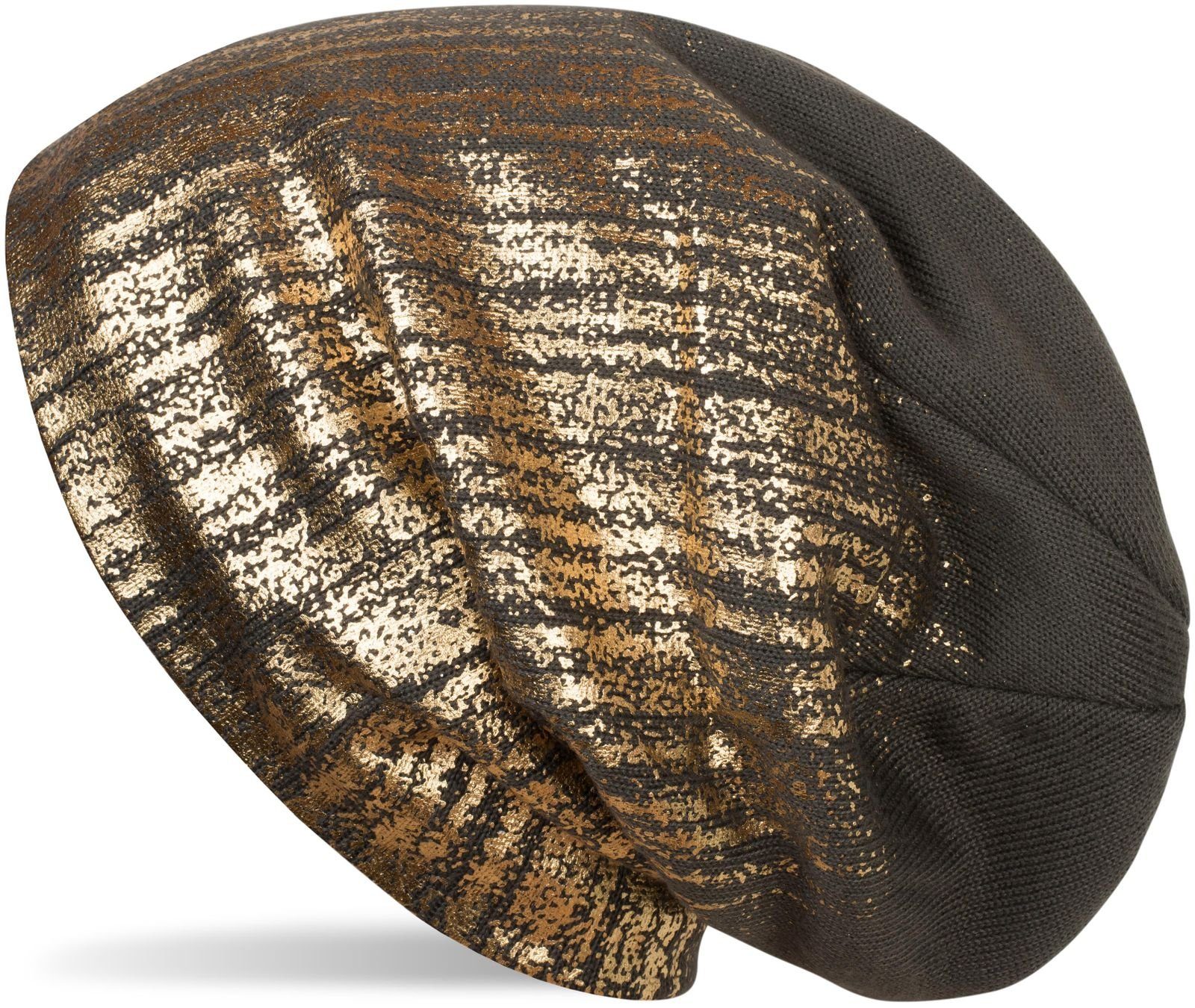 styleBREAKER Strickmütze (1-St) Feinstrick Beanie mit Metallic Print Dunkelgrau / Gold