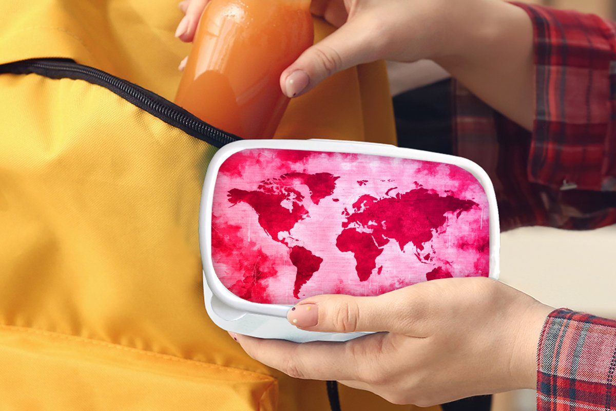 Weltkarte und (2-tlg), Kinder - Erwachsene, Kunststoff, für Rot für - weiß Mädchen Brotbox Rosa, MuchoWow und Brotdose, Jungs Lunchbox