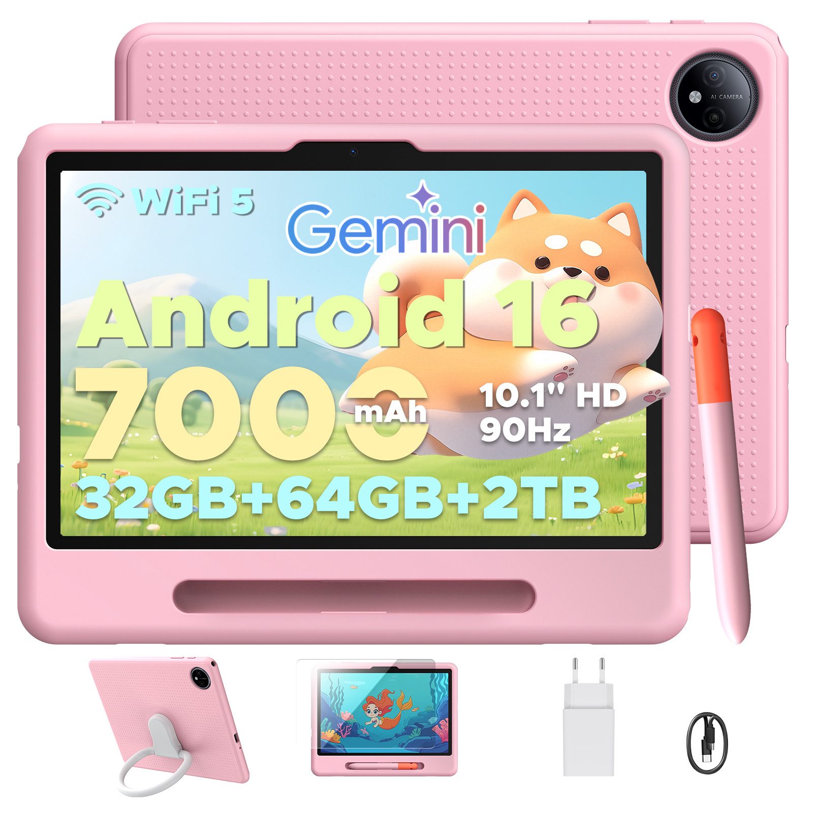 POCKAM Kinder Lern-Tablet mit Elternkontrolle 10'' Android 16, 64GB ROM kids Tablet (10.1", 64 GB, Android 16, WiFi, Mit Gemini AI, Stylus, Silikonhülle, 7000mAh Akku & 5G WiF)