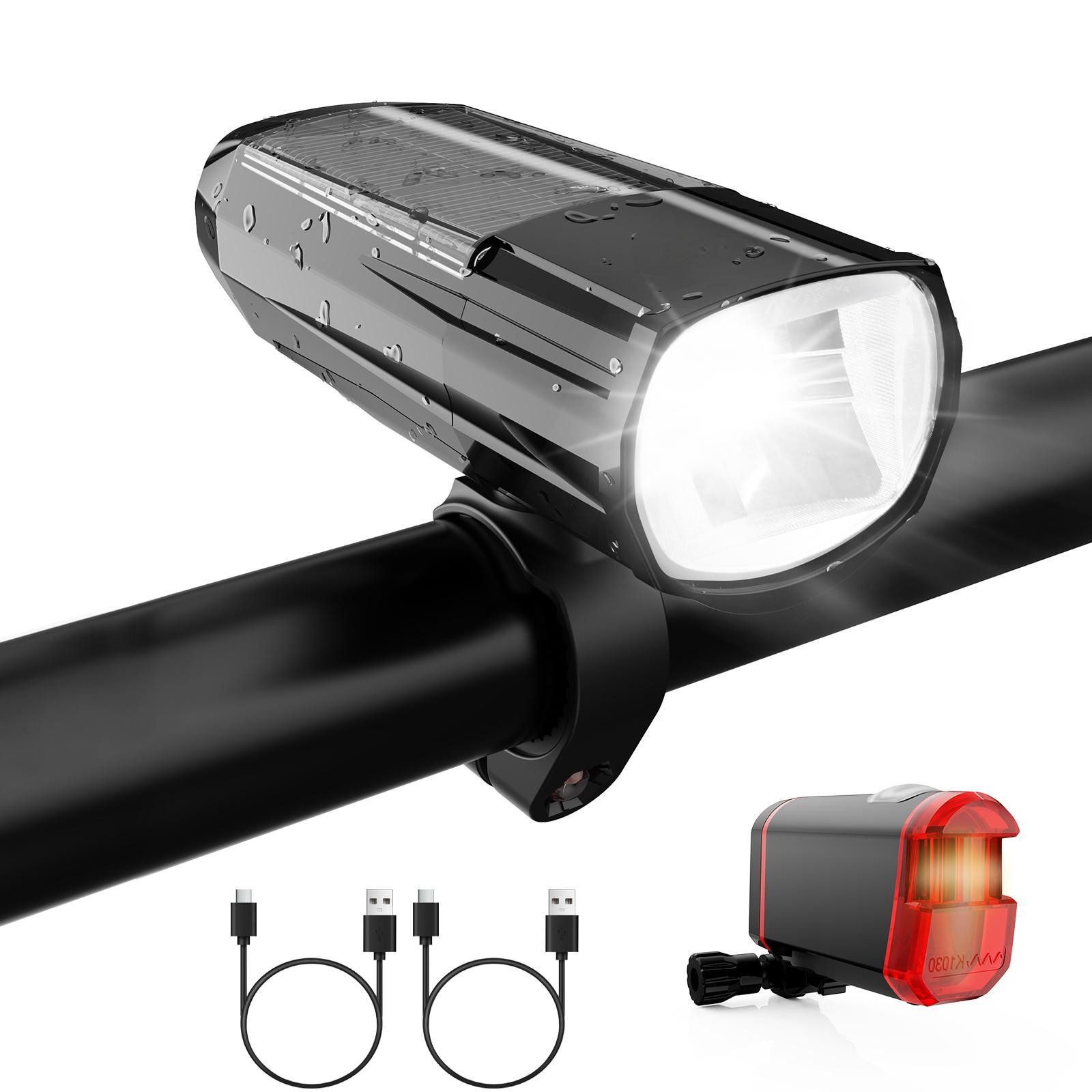 Tukrool Fahrradbeleuchtung LED-Beleuchtungsset,Fahrradlicht-set StVZO mit Front-und Rücklicht, USB-Ladefunktion, Fahrradlampe wasserdicht und energiesparend