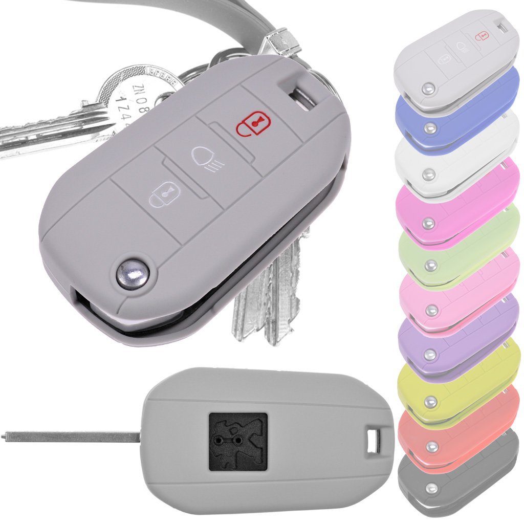 mt-key Schlüsseltasche Autoschlüssel Softcase Silikon Schutzhülle Grau, für Peugeot 208 301 308 508 5008 2008 Expert Citroen C3 C4 Spacetourer