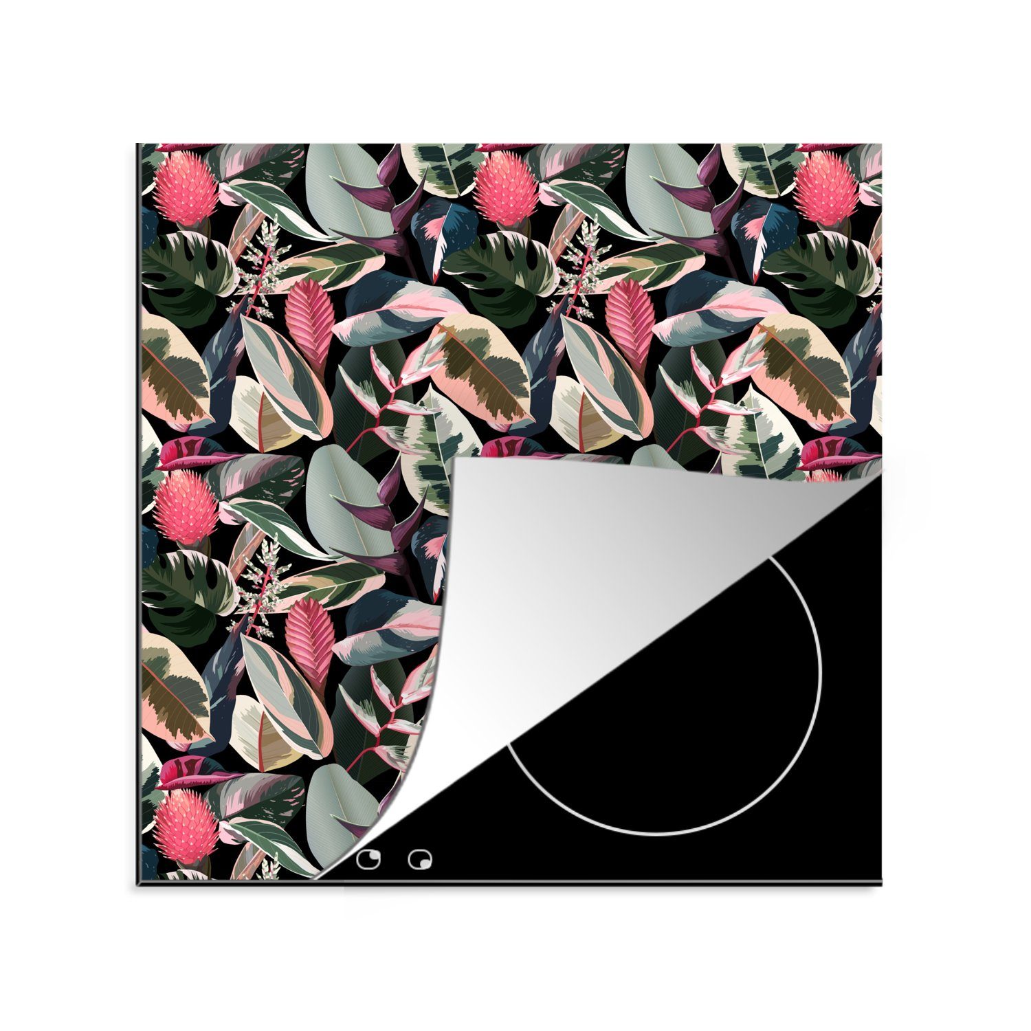 MuchoWow Herdblende-/Abdeckplatte Tropisch - Blätter - Rosa, Vinyl, (1 tlg), 78x78 cm, Ceranfeldabdeckung, Arbeitsplatte für küche