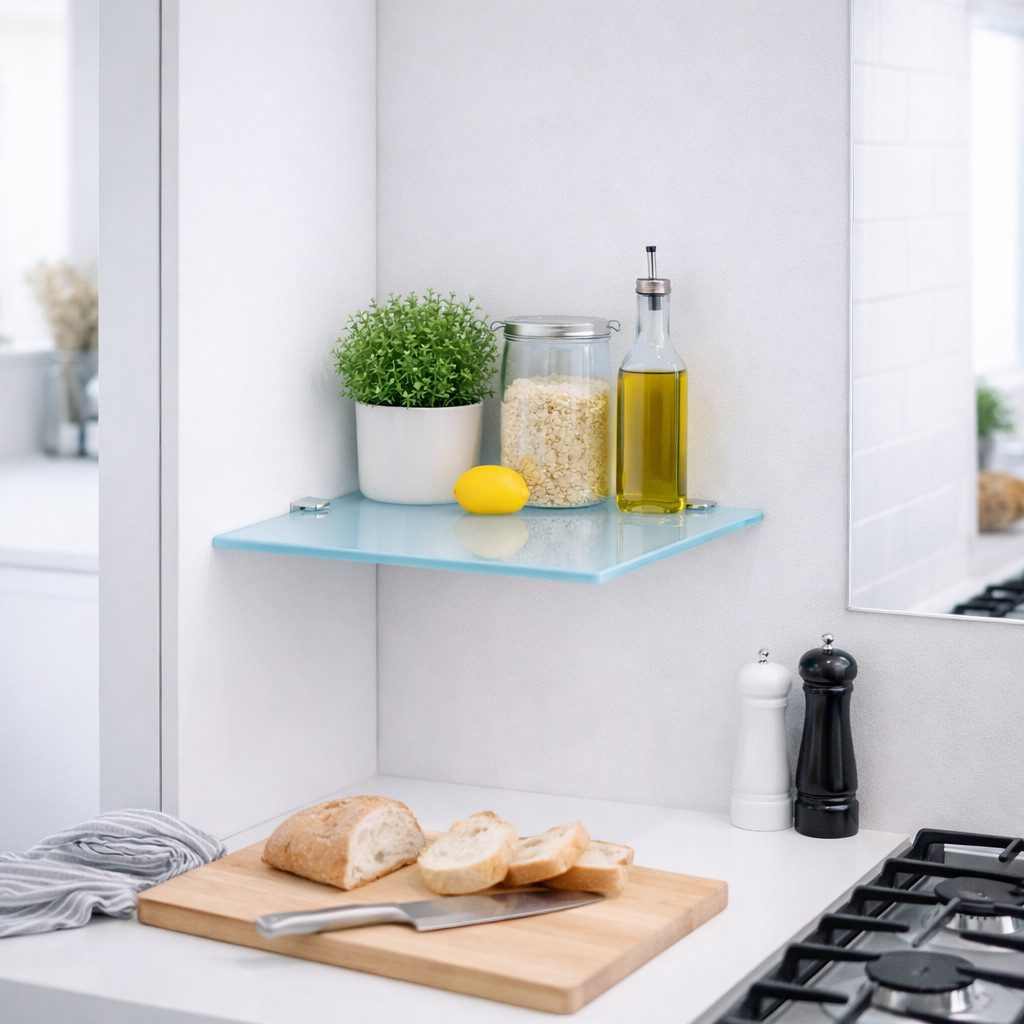 HOOZ Eckregal Glasregal Eckablage ESG – 6 mm, quadratisches Duschregal mit Halterung, Eckregal, Platzsparende Glasablage für Dusche, Bad, Küche oder Wohnraum