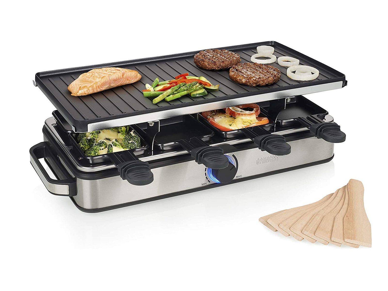 PRINCESS Raclette, 8 Raclettepfännchen, Gerät für 2-8 Personen Tischgrill Grillplatte wendbar Camping geeignet