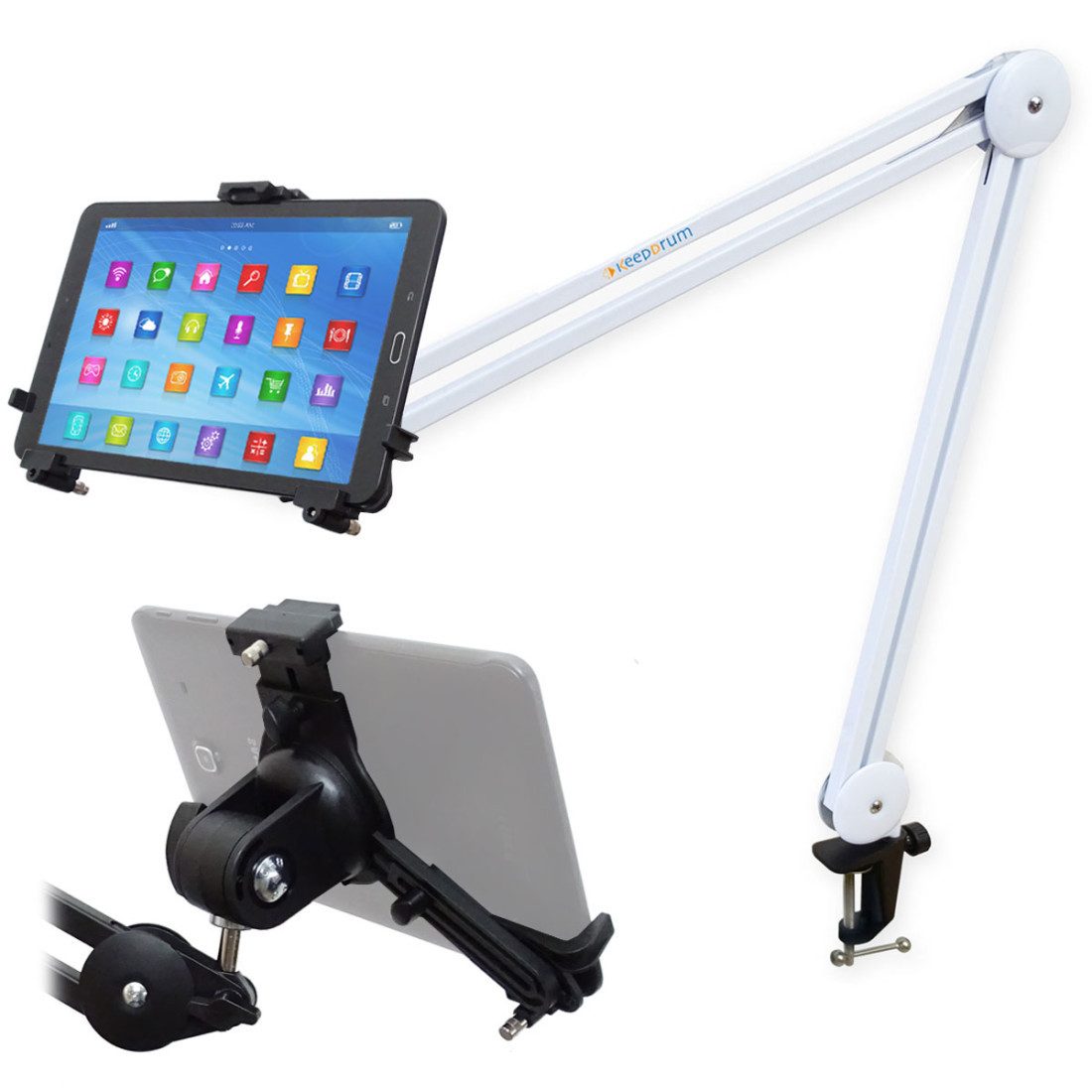 König & Meyer Tablet-Halterung K&M 19790 Tablet-PC-Halter mit Gelenkarm Weiß, (bis 13 Zoll, für Stativ, Universal, Mit Gelenkarm-Stativ Weiss)