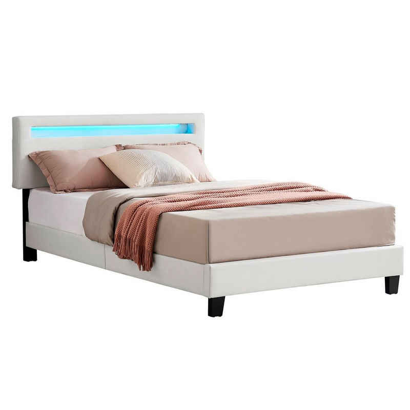 CARO-Möbel Polsterbett POWELL, Polsterbett 120x200 cm mit LED Bett Stoff weiß Jugendbett Einzelbett