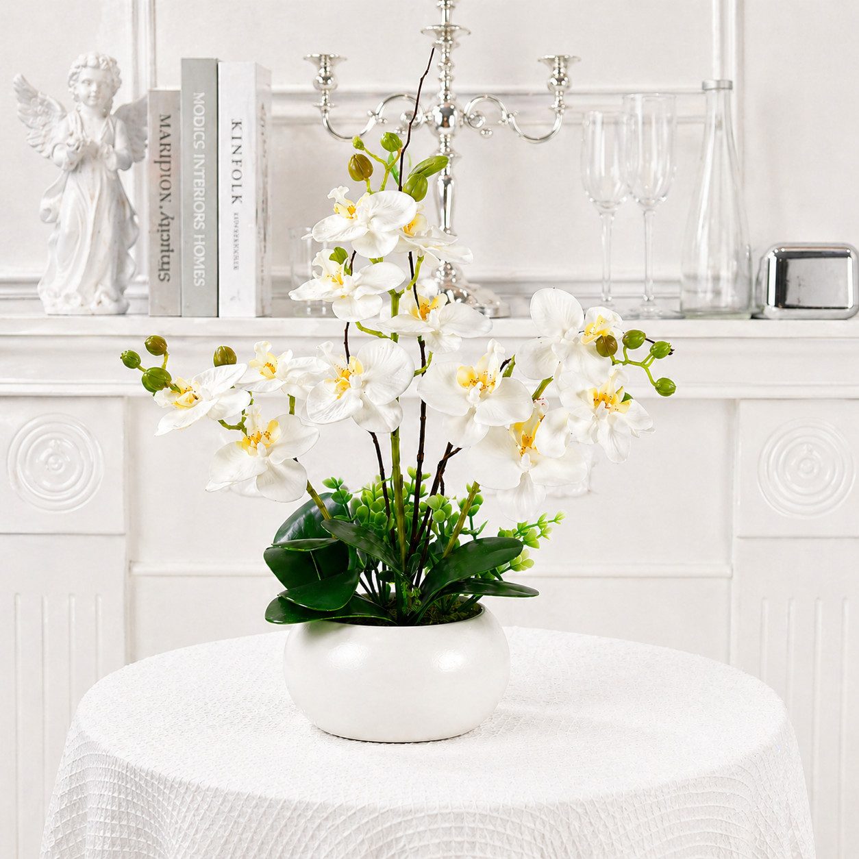 Kunstpflanze Künstliche Orchideen im Topf - Weiße Phalaenopsis Kunstblumen- 36cm orchideen, SURFOU, Dekorative Phalaenopsis mit Seidenblüten & Keramiktopf, Zimmerpflanzen