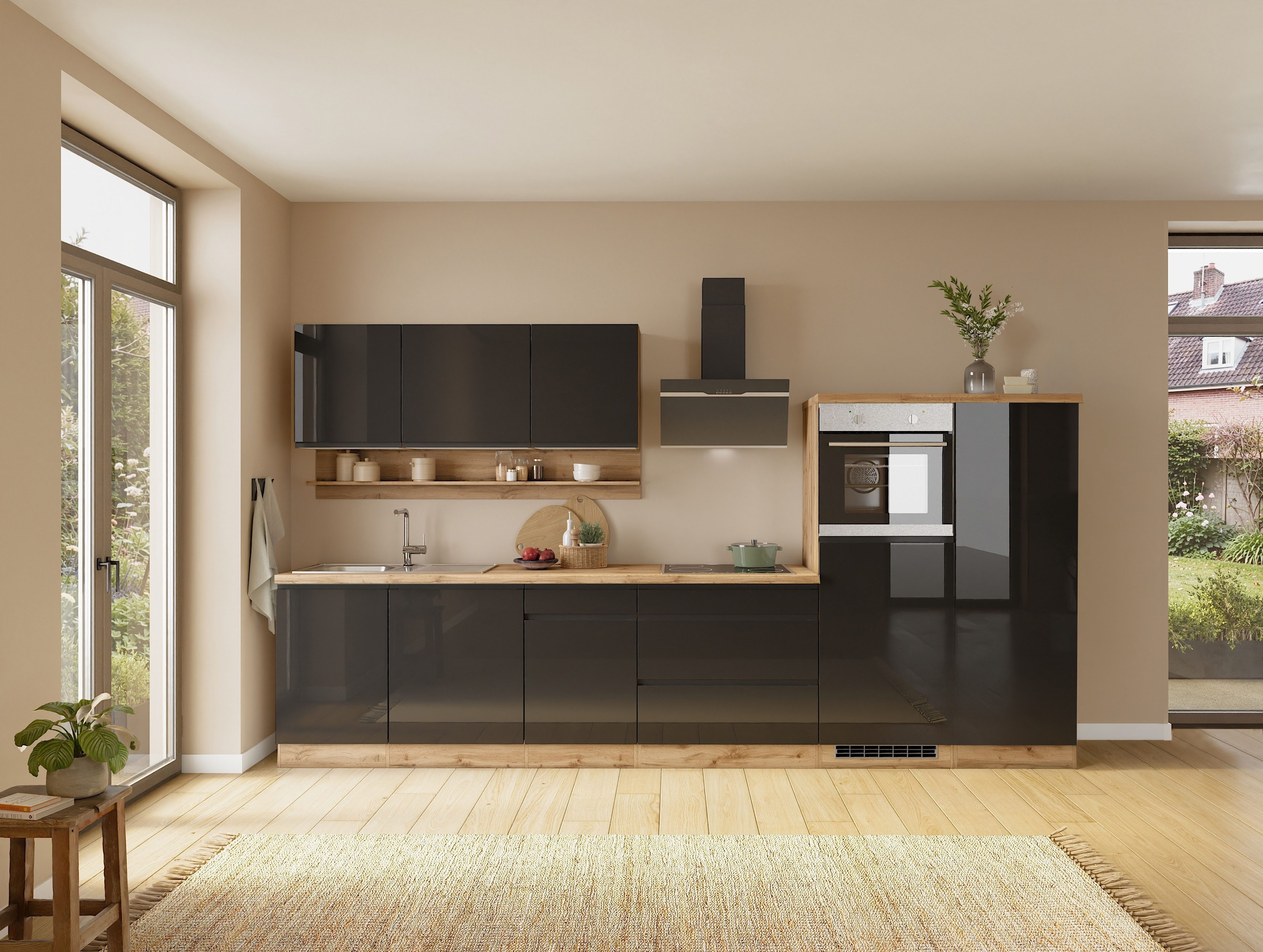 KOCHSTATION Küchenzeile KS-Virginia,neu in verbesserter Ausführung, Breite 350 cm,Soft-Close, mit Glaskeramik-oder Induktionskochfeld