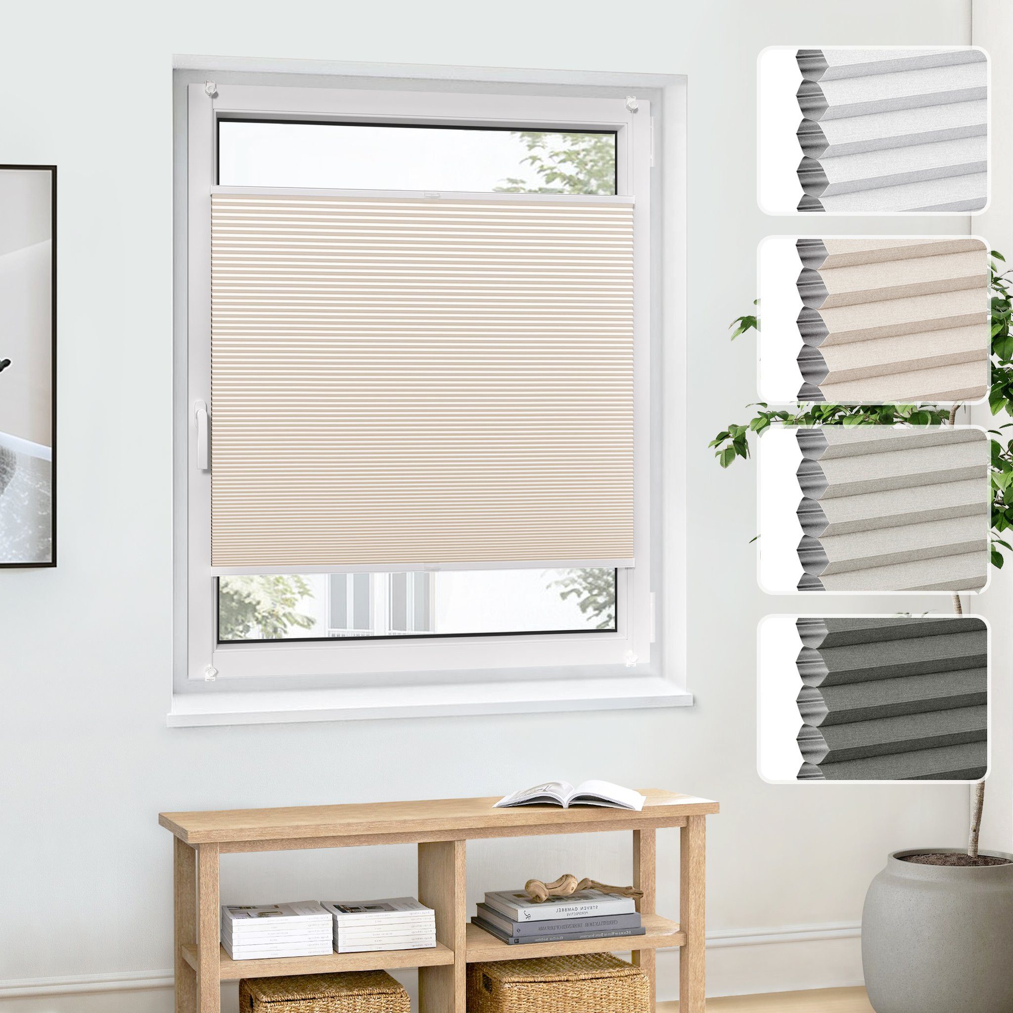 jalousiescout Wabenplissee Pure 45x90cm Creme Thermo Ohne Bohren Wärmeschutz/Hitzeschutz, verdunkelnd, ohne Bohren, klemmen, Klemmfix, Thermo Plissee Sonnen-, Sicht- und Hitzeschutz, für Fenster und Tür