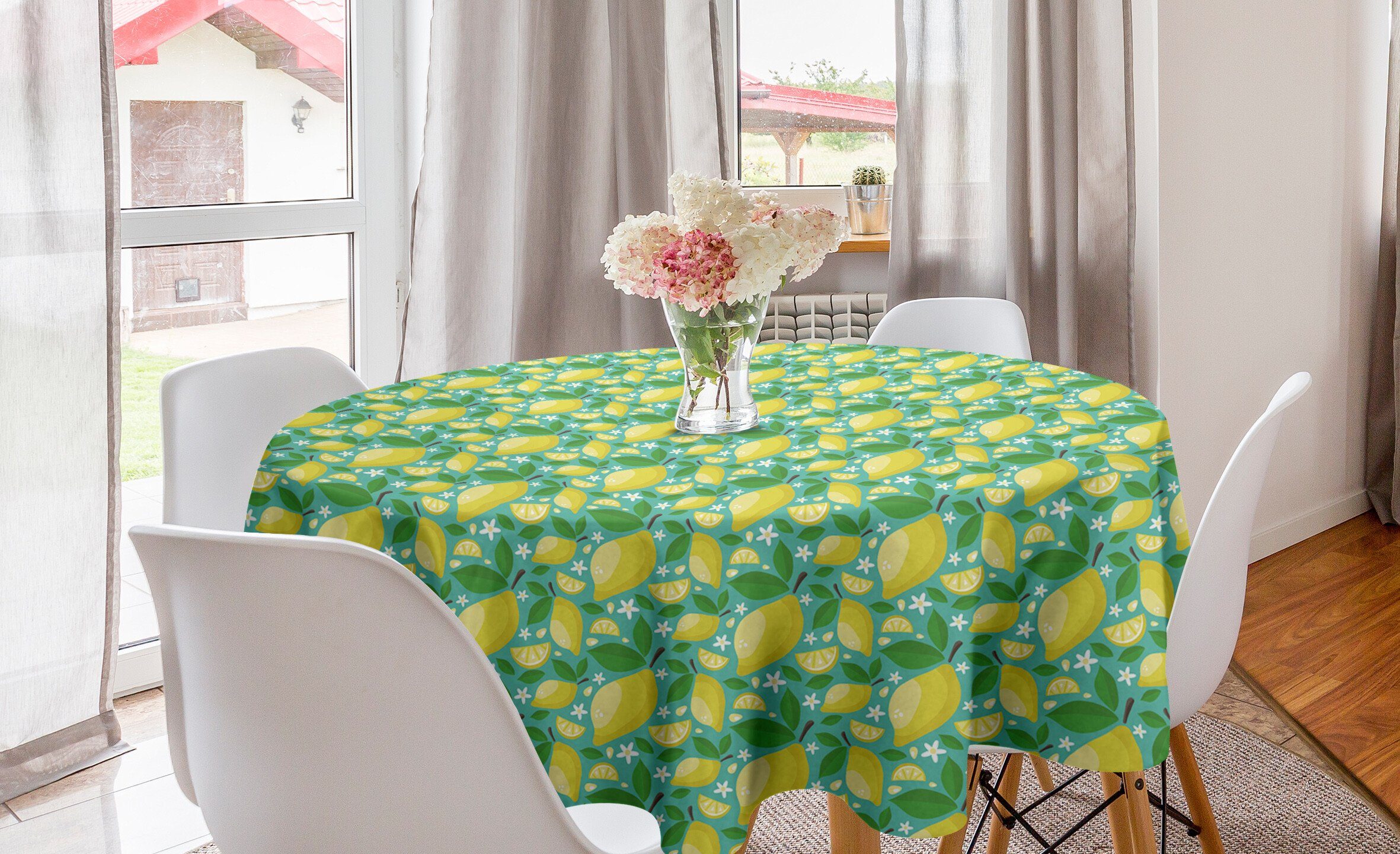 Abakuhaus Tischdecke Kreis Tischdecke Abdeckung für Esszimmer Küche Dekoration, Blumen Zitronen Blätter und Blumen