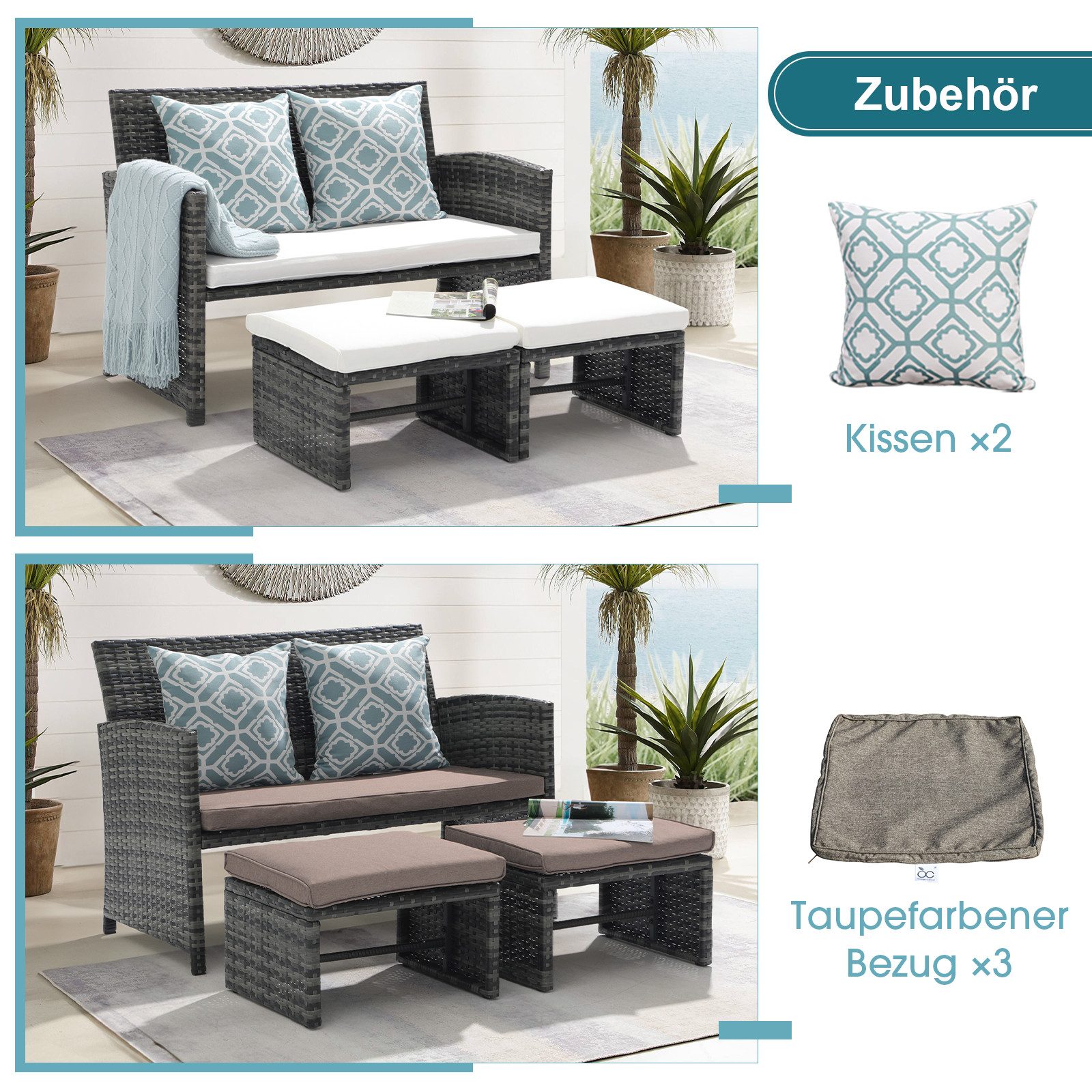 JOIVI Gartenbank Outdoor Loveseat (3-tlg Terrassenmöbel-Set, Allwetter Rattan Gartenbank mit 2 Hocker), Grau Rattan&Grau Kissen