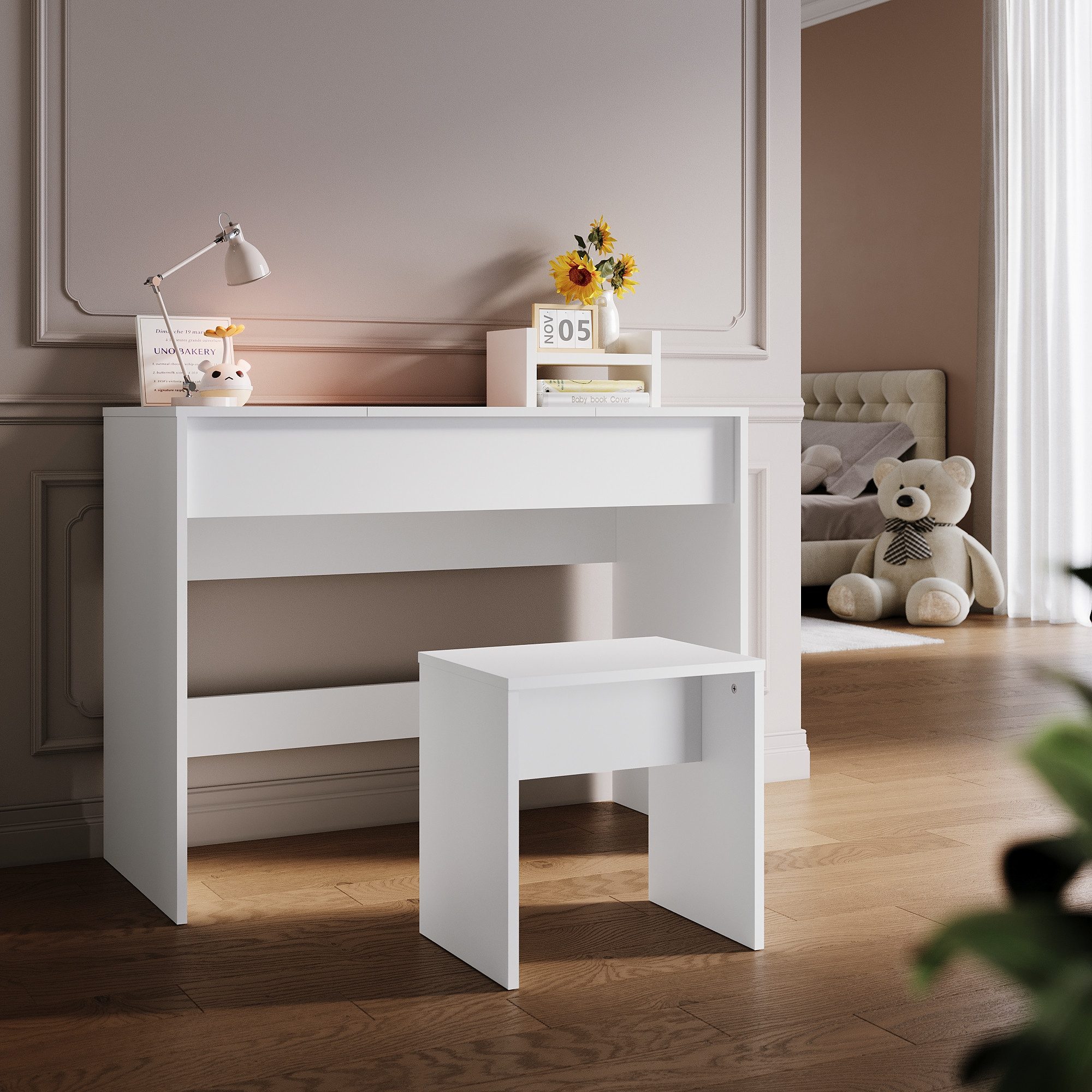 SONNI Schminktisch Kosmetiktisch Frisierkommode mit Hocker und Spiegel klappbar, weiß, 1000x450x760mm