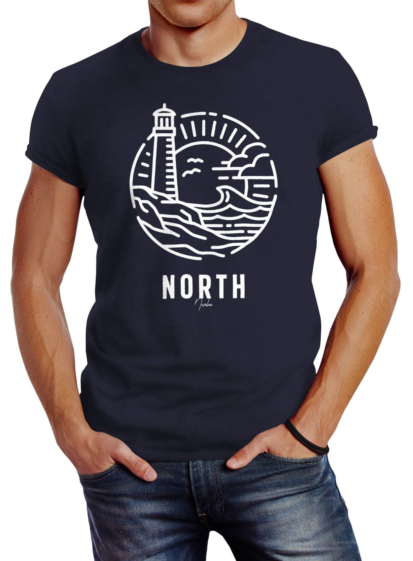 Neverless Print-Shirt Herren T-Shirt Logo Outline Art maritim Leuchtturm Welle Aufdruck North Slim Fit Neverless® mit Print navy