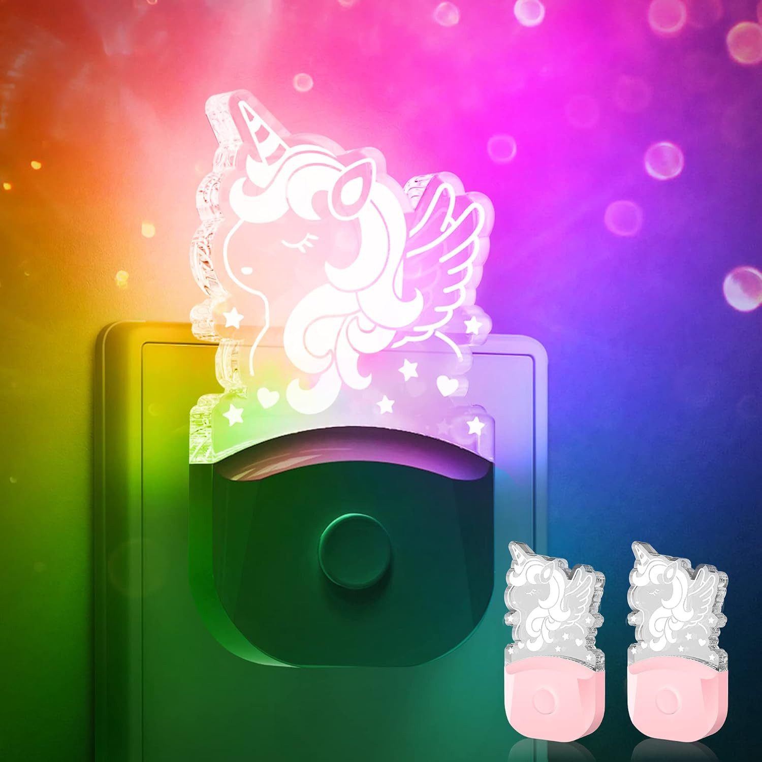LOHAS-LED LED Nachtlicht 2er Set Einhorn Stecknachtlicht 0,5W mit Dämmerungssensor, LED fest integriert, Warmweiß + RGB Mehrfarben, 3000K RGB Farbspeicher, Sensor deaktiviert bei manueller Abschaltung