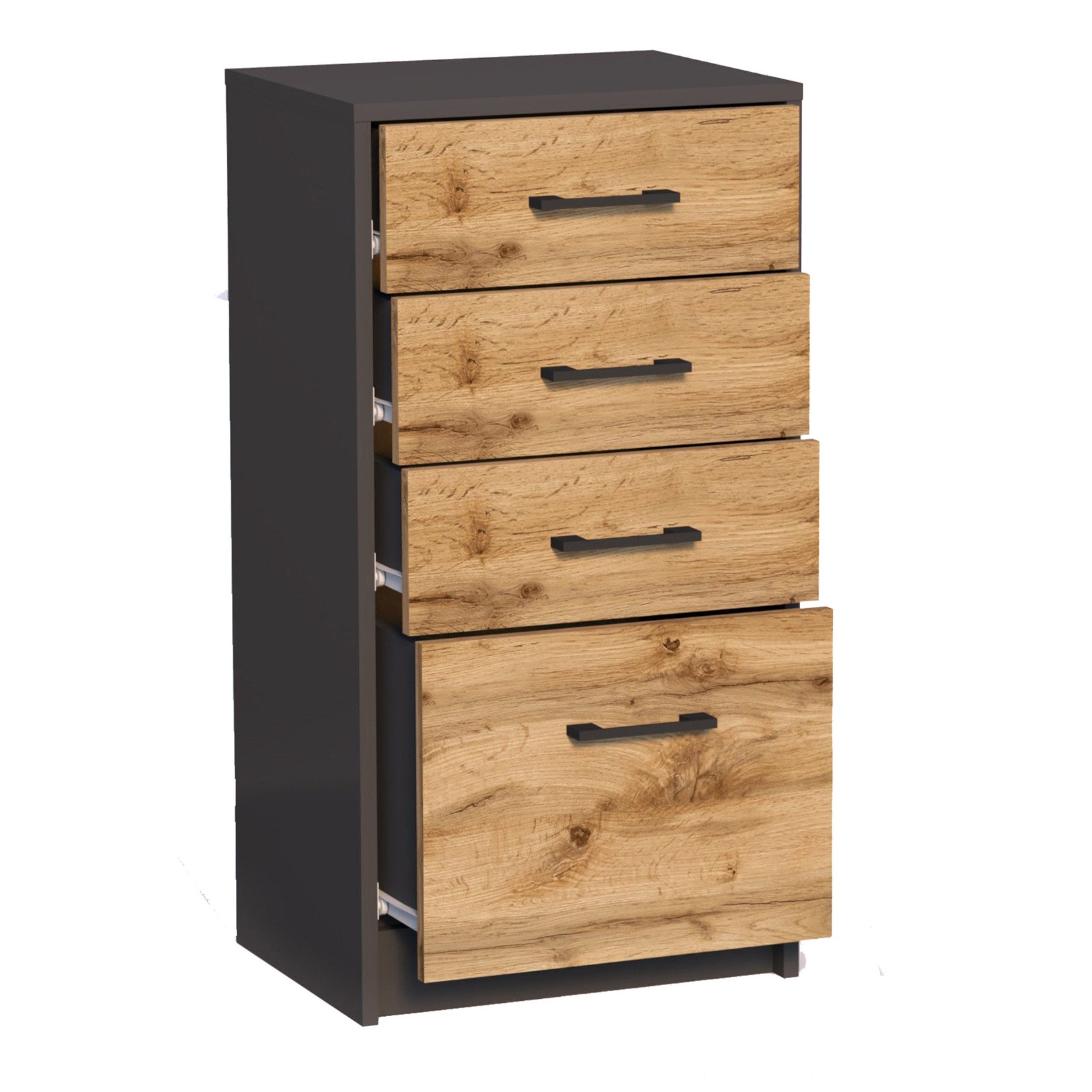 Home Collective Kommode mit 4 Schubladen mit matter Oberfläche, Kommode 45cm breit Holz (Schlafzimmer Wohnzimmer Flur Büro Organizer, Metallrollen mit Auszugsstopp), Schrank Kommode mit Schubladen Sideboard Highboard graphit Eiche